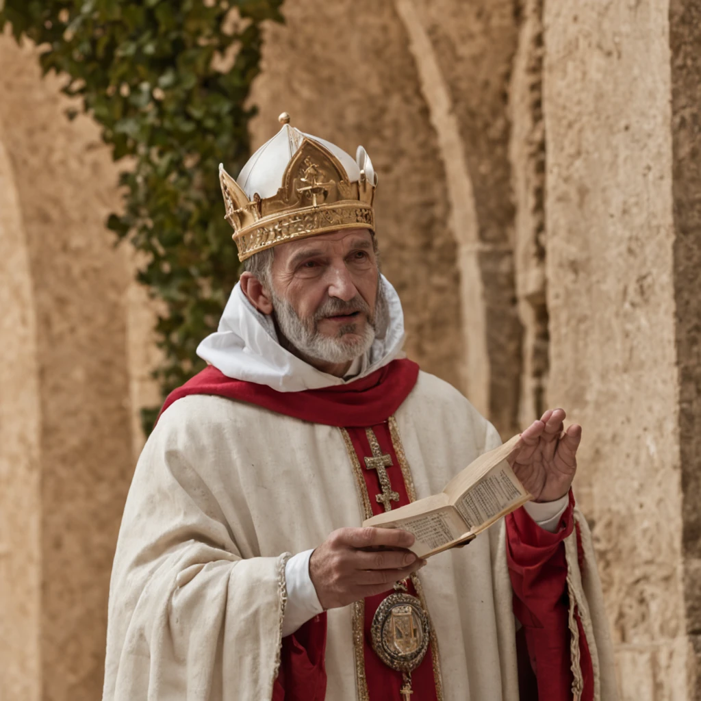 A imagem retrata St. Bernardo de Claraval, um santo antigo, in a speech to the Knights Templar in medieval times. St. Bernard is portrayed as an old man, Appearance wise and serene, wearing a religious habit typical of medieval times.

he's standing, in a prominent position, on a raised platform or makeshift pulpit, so that all may see and hear Him clearly. In his left hand, ele segura uma cruz grande, symbolizing their Christian devotion and faith. A cruz pode ser detalhadamente esculpida e adornada com ornamentos dourados ou prateados.

St. Bernard addresses his address to the Knights Templar, that are positioned in a nearby formation. They are depicted wearing full medieval armor, with its distinctive features, Like the Templar cross on its shields and robes. The Knights Templar are listening intently, showing respect and reverence to the saint.

The surrounding setting is set in a medieval room or chapel, with architectural details characteristic of the time, as Gothic columns, vitrais coloridos e elementos decorativos em pedra. The lighting is soft, vindo de janelas altas, casting a soft glow on St. Bernard and the Knights Templar.