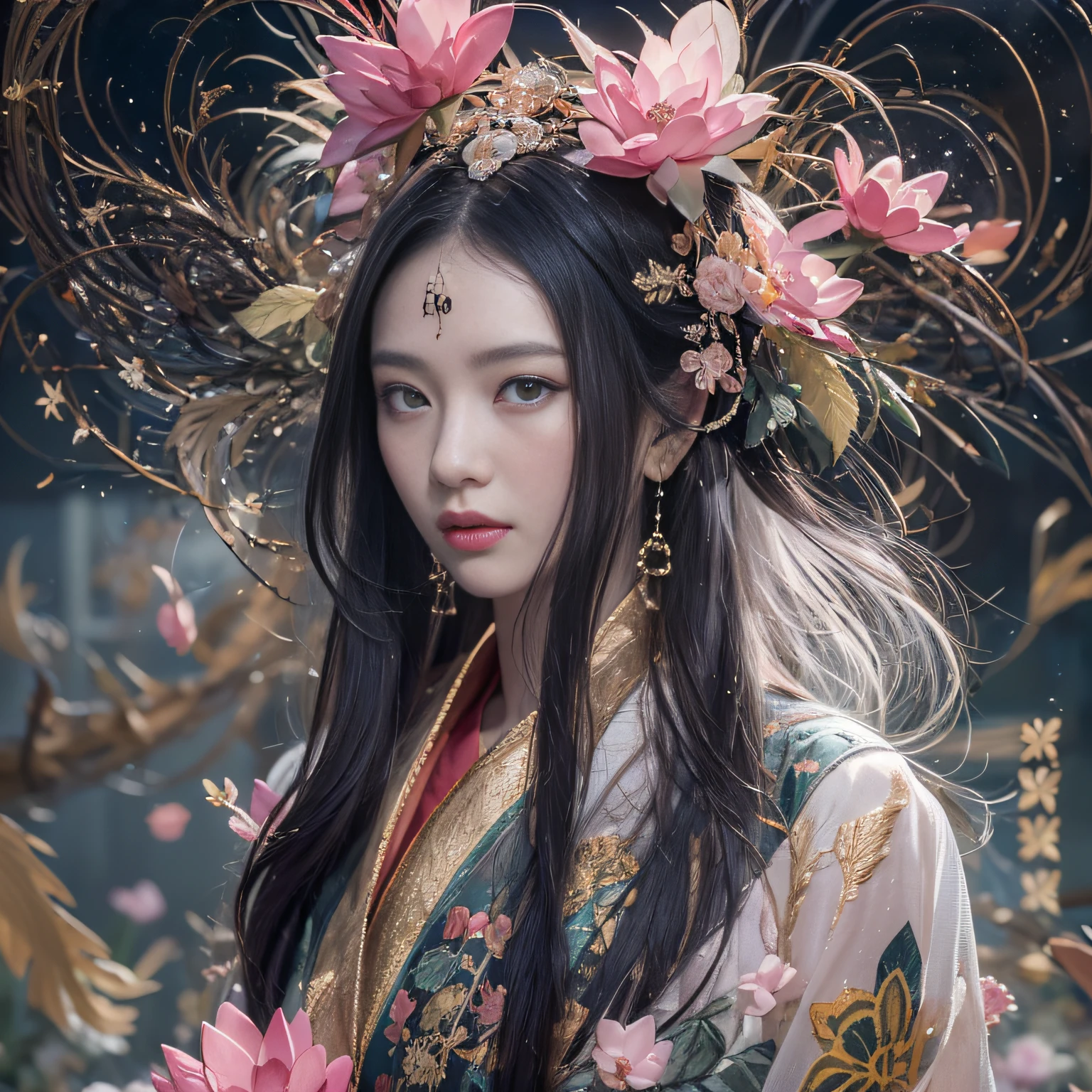 32K（tmasterpiece，k hd，hyper HD，32K）Long flowing black hair，ponds，zydink， a color，  Xuzhou people （Sleepy girls）， （Silk scarf）， Combat posture， looking at the ground， long whitr hair， Floating hair， Carp pattern headdress， Chinese long-sleeved clothing， （Abstract gouache splash：1.2）， Pink petal background，Pink and white lotus flowers fly（realisticlying：1.4），Black color hair，Fallen leaves flutter，The background is pure， A high resolution， the detail， RAW photogr， Sharp Re， Nikon D850 Film Stock Photo by Jefferies Lee 4 Kodak Portra 400 Camera F1.6 shots, Rich colors, ultra-realistic vivid textures, Dramatic lighting, Unreal Engine Art Station Trend, cinestir 800，Long flowing black hair，see-through transparent clothes