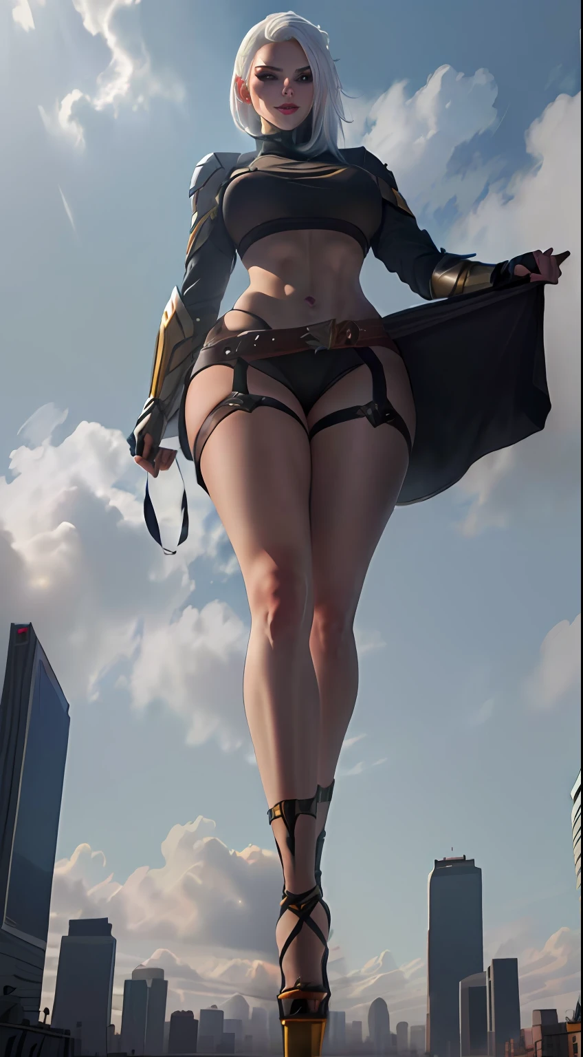 Ashe, commission for high res, white hair, villainess, extremely detailed, athletic body, (((1girl))), midriff exposed, giantess, ((from below)), high heels, smirking, towering over city, destruction