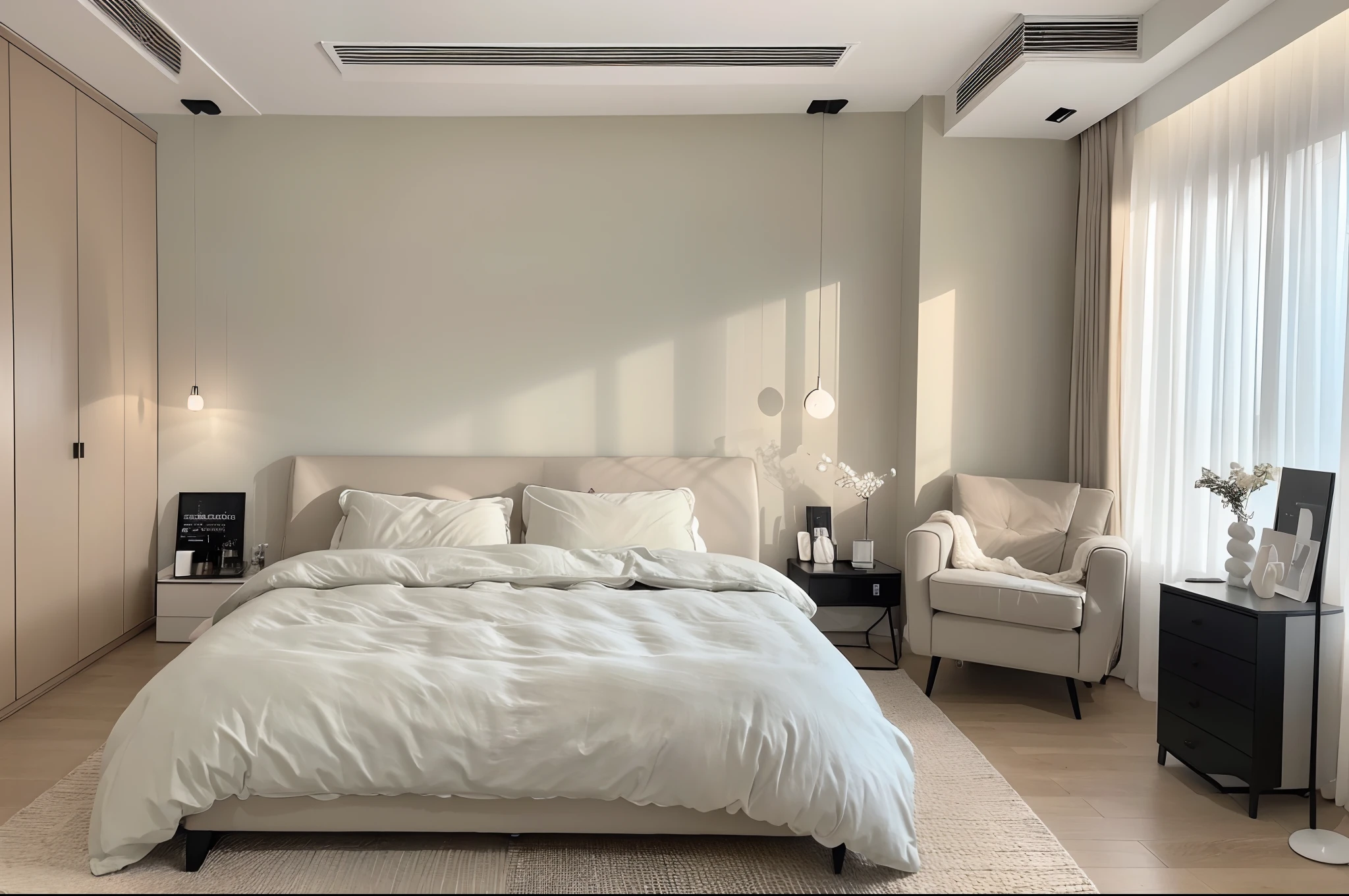 "Modern bedroom with sleek design, minimalistic furniture, soft lighting, cozy atmosphere, subtle color palette, and contemporary artwork."