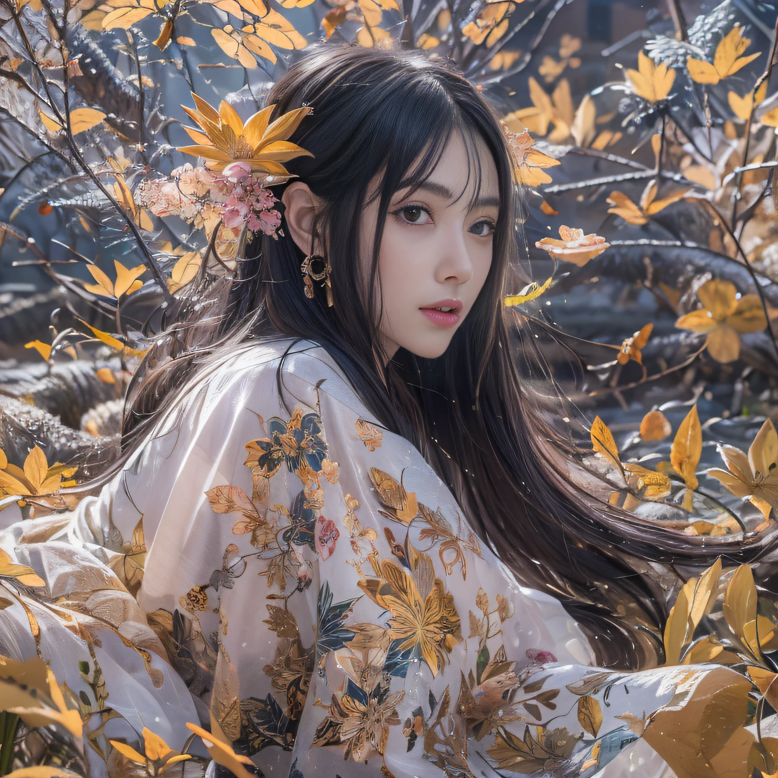 32K(tmasterpiece,k hd,hyper HD,32K)Long flowing black hair,ponds,zydink, a color, Xuzhou people (Sleepy girls), (Silk scarf), Combat posture, looking at the ground, long whitr hair, Floating hair, Carp pattern headdress, Chinese long-sleeved clothing, (Abstract gouache splash:1.2), Pink petal background,Pink and white lotus flowers fly(realisticlying:1.4),Black color hair,Fallen leaves flutter,The background is pure, A high resolution, the detail, RAW photogr, Sharp Re, Nikon D850 Film Stock Photo by Jefferies Lee 4 Kodak Portra 400 Camera F1.6 shots, Rich colors, ultra-realistic vivid textures, Dramatic lighting, Unreal Engine Art Station Trend, cinestir 800,Long flowing black hair,see-through transparent clothes