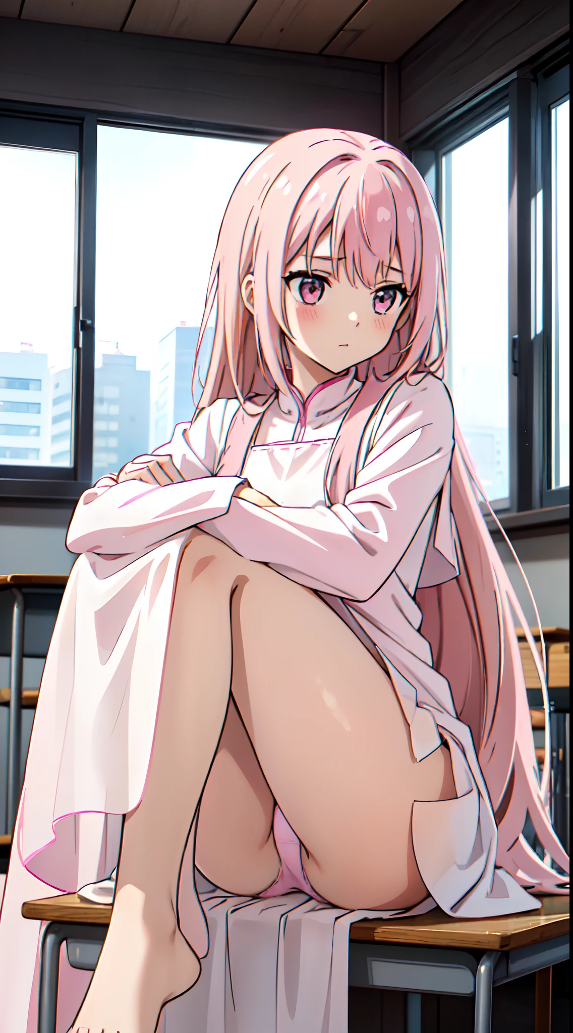 (((A girl with pink hair wears a long white dress)))，((( sitting in classroom)))，(((Pick your panties with your hands)))