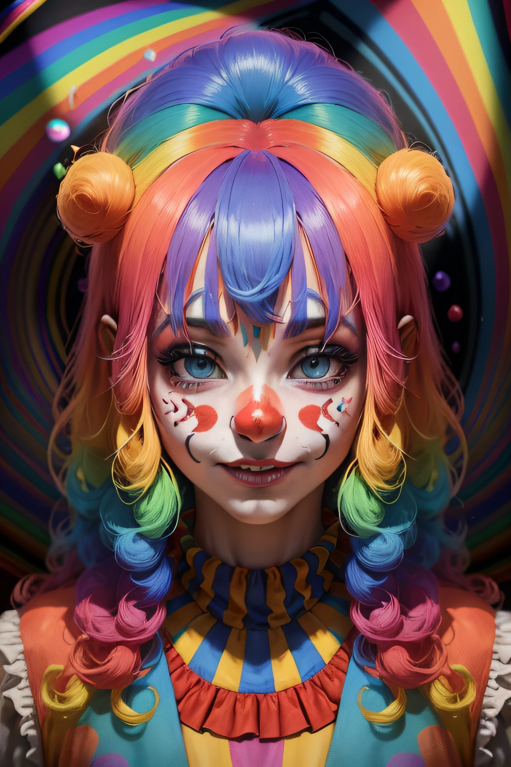 clown,sorrir, QG, quadrinhos , roupas coloridas , Rainbow (cabelos ondulados multicoloridos:1.2),(Psychedelic world:1.4)