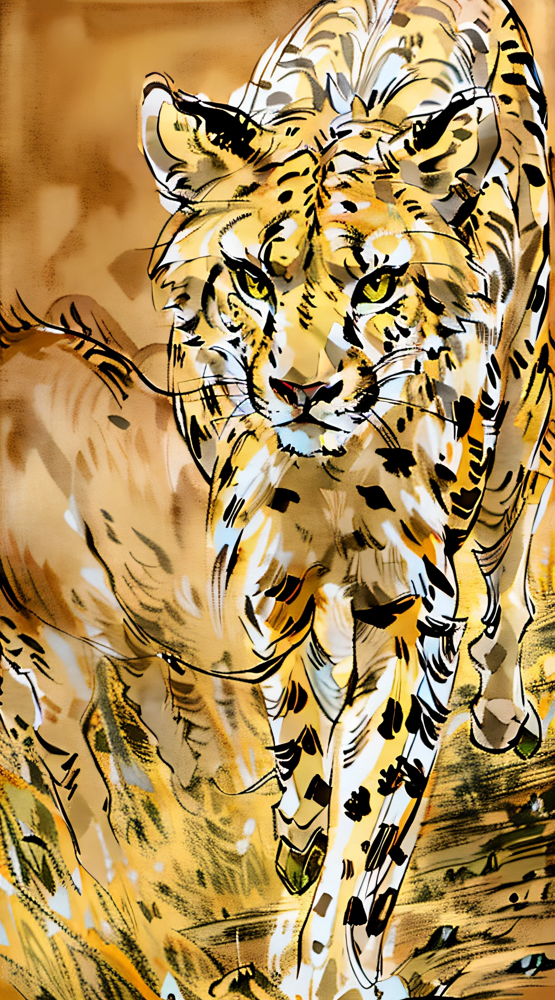 Above the steppe,A swift and galloping cheetah,a warm color palette,low-saturation