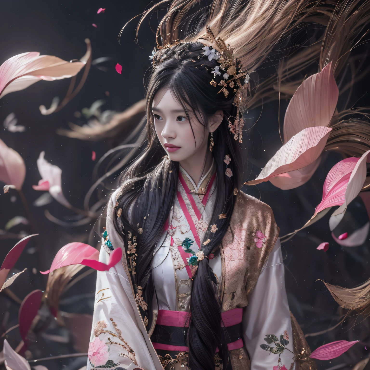 32K(tmasterpiece,k hd,hyper HD,32K)Long flowing black hair,ponds,zydink, a color, Xuzhou people (Silly girl), (Silk scarf), Combat posture, looking at the ground, long whitr hair, Floating hair, Carp pattern headdress, Chinese long-sleeved clothing, (Abstract gouache splash:1.2), Pink petal background,Pink and white lotus flowers fly(realisticlying:1.4),Black color hair,Fallen leaves flutter,The background is pure, A high resolution, the detail, RAW photogr, Sharp Re, Nikon D850 Film Stock Photo by Jefferies Lee 4 Kodak Portra 400 Camera F1.6 shots, Rich colors, ultra-realistic vivid textures, Dramatic lighting, Unreal Engine Art Station Trend, cinestir 800,Long flowing black hair,see-through transparent clothes