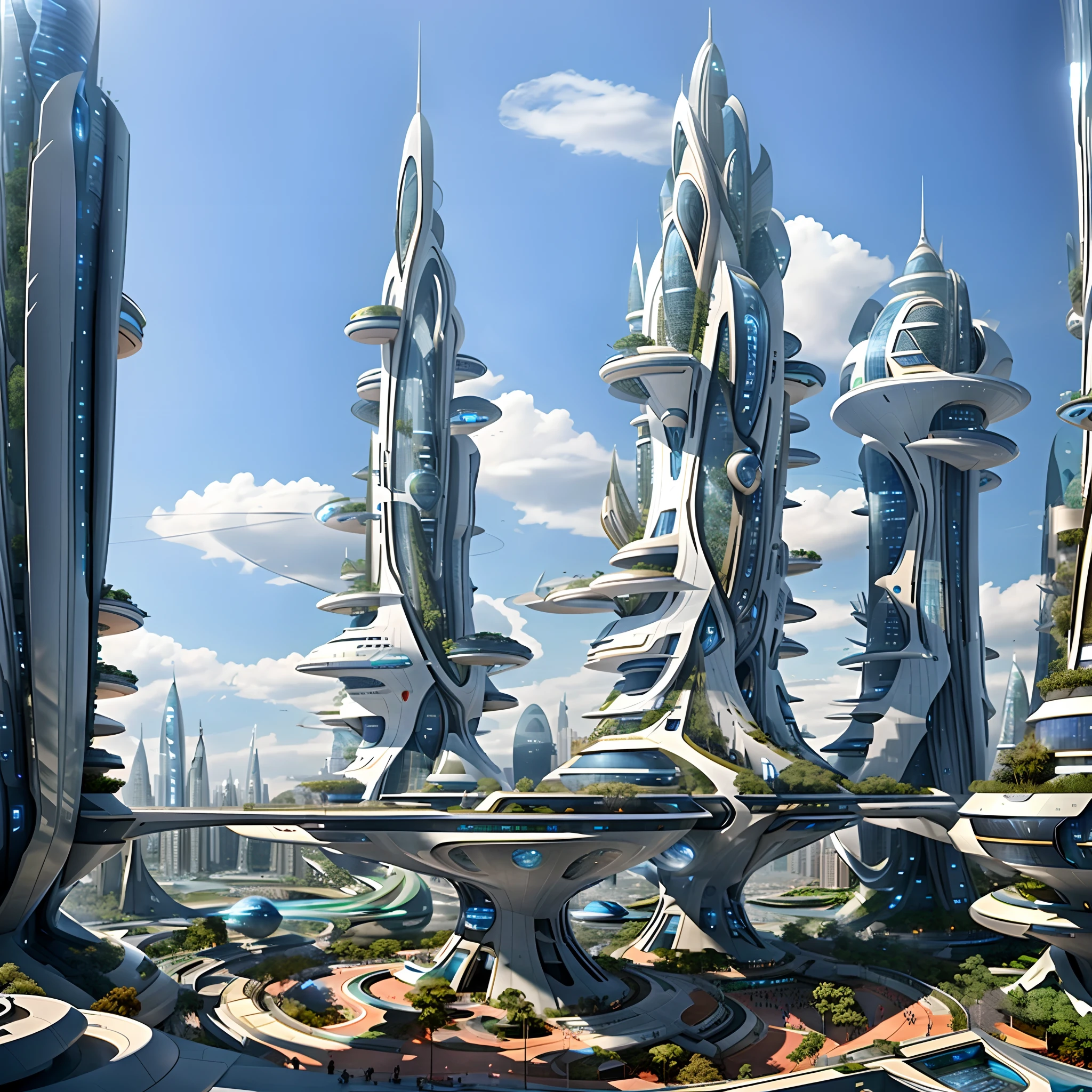 A large white tower，There is a tree on it, futuristic architecture concept, futuritic high tech architecture, futuristic palace, Futuristic utopian architecture, Futuristic architecture, huge futuristic building, futuristic architectural art, futuristic concept design, futuristic tower, detailed futuristic architecture, surreal sci fi architecture, futuristic building, futuristic building, large futuristic residence, futuritic architecture