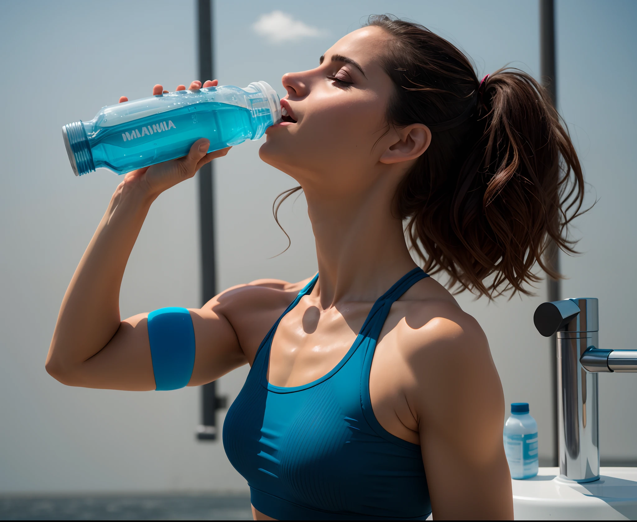 There is a beautiful woman drinking water from a blue bottle, hydration, transhumanist hydration, mulher em forma, em forma, muita sede, water to waist, malhar, athletic muscle tone, suando intensamente, water bottels, peacefully drinking river water, segurando uma garrafa, muito suado, em um fundo escuro, energia transbordante, suando profusamente, usando equipamento de fitness