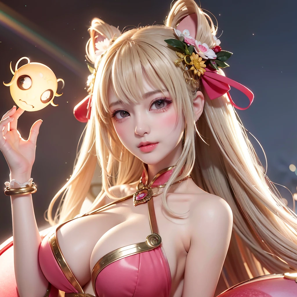 (8K、4K、Top image quality、hight resolution:1.2)、(Masteristic、realisitic、photoRealstic:1.37)、1girl in、独奏、Personification of watermelon Cosplay beauitful face、Eye lashes、nase、shiny lip、(finely eye、see the beholder、light skinned、de pele branca:1.5)、fine complexion、The upper part of the body、
Colossal tits、Colossal tits,,,
、blonde hair、A pink-haired、bangss、hair adornments、the bow、
年轻、Watermelon costume Surrounded by watermelons、idol