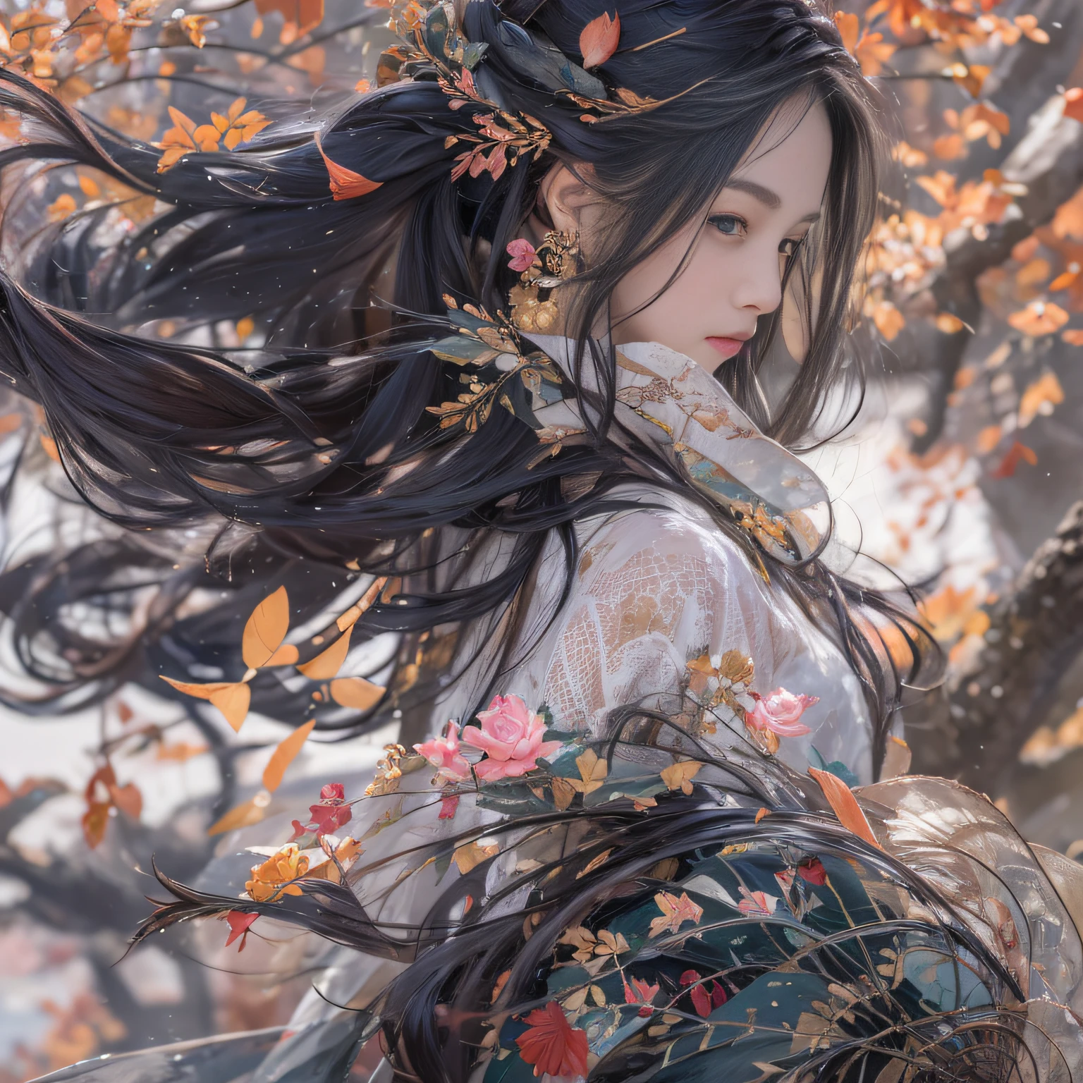32K(tmasterpiece,k hd,hyper HD,32K)Long flowing black hair,ponds,zydink, a color, Xuzhou people (Silly girl), (Silk scarf), Combat posture, looking at the ground, long whitr hair, Floating hair, Carp pattern headdress, Chinese long-sleeved clothing, (Abstract gouache splash:1.2), Pink petal background,Pink and white lotus flowers fly(realisticlying:1.4),Black color hair,Fallen leaves flutter,The background is pure, A high resolution, the detail, RAW photogr, Sharp Re, Nikon D850 Film Stock Photo by Jefferies Lee 4 Kodak Portra 400 Camera F1.6 shots, Rich colors, ultra-realistic vivid textures, Dramatic lighting, Unreal Engine Art Station Trend, cinestir 800,Long flowing black hair,see-through transparent clothes
