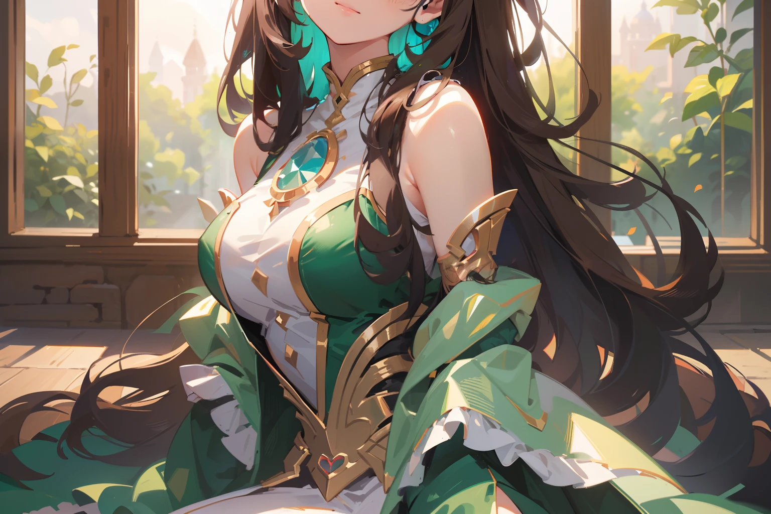 1girl, tingyun, honkai star rail, green eyes, bare shoulders, jewerly, ponytail, medium hair, brown hair, dress, large breasts, detached sleeves, standing, smile, tail