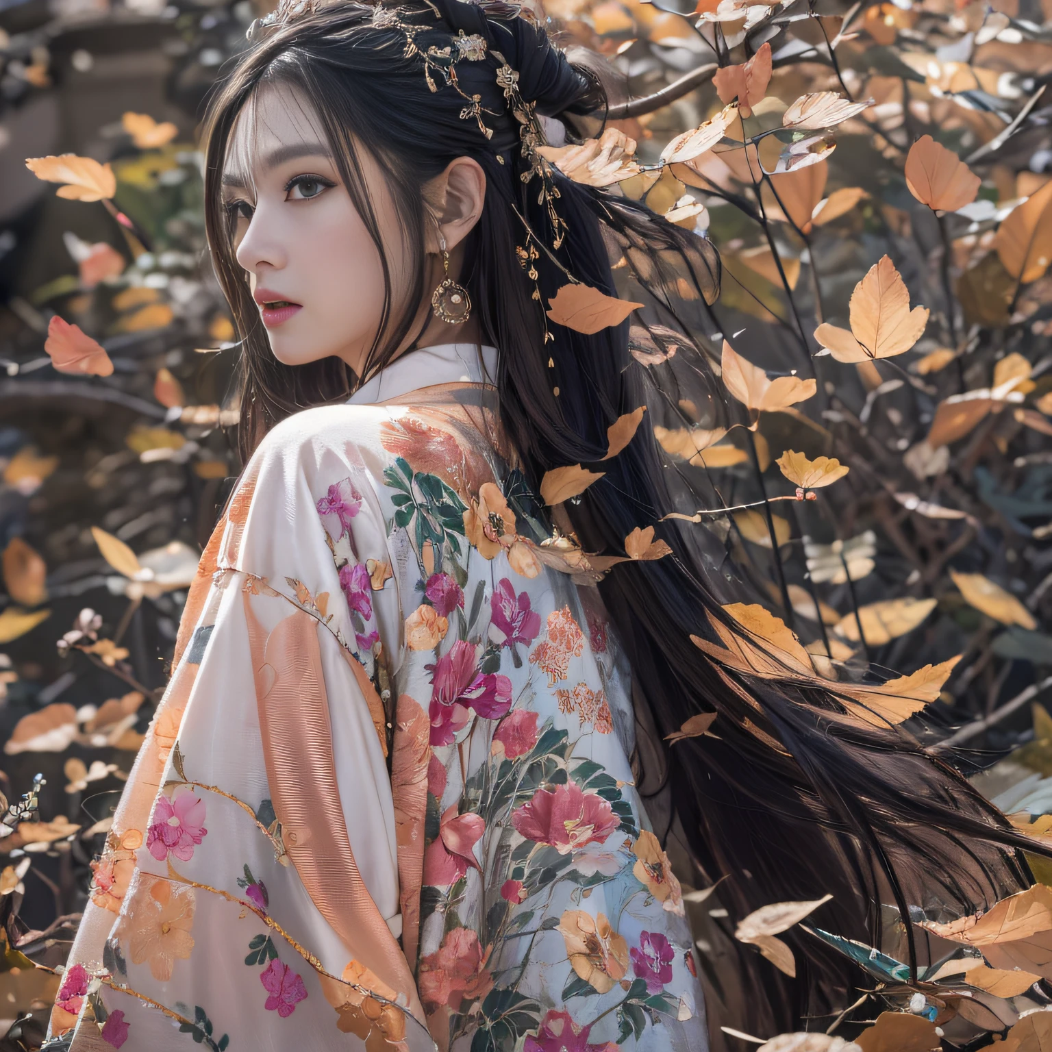 32K(tmasterpiece,k hd,hyper HD,32K)Long flowing black hair,ponds,zydink, a color, Xuzhou people (Silly girl), (Silk scarf), Combat posture, looking at the ground, long whitr hair, Floating hair, Carp pattern headdress, Chinese long-sleeved clothing, (Abstract gouache splash:1.2), Pink petal background,Pink and white lotus flowers fly(realisticlying:1.4),Black color hair,Fallen leaves flutter,The background is pure, A high resolution, the detail, RAW photogr, Sharp Re, Nikon D850 Film Stock Photo by Jefferies Lee 4 Kodak Portra 400 Camera F1.6 shots, Rich colors, ultra-realistic vivid textures, Dramatic lighting, Unreal Engine Art Station Trend, cinestir 800,Long flowing black hair,see-through transparent clothes