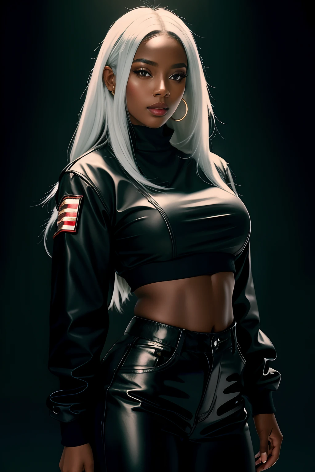 best quality, masterpiece, high resolution, ****ung black woman, dressed in black choir pants and jacket,red blouse,white hair, beautiful face, physique, Tyndall effect, realistic, dark studio, rim lighting, duotone lighting, (high detail skin: 1.2), 8k uhd, DSLR, soft light, high quality, volumetric light, stealth shot, photo, high resolution, 4k, 8k, bokeh, Expressions