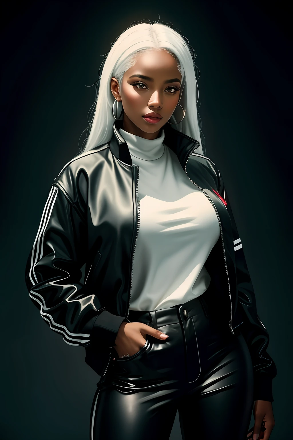 best quality, masterpiece, high resolution, 1 young black woman, dressed in black choir pants and jacket,red blouse,white hair, beautiful face, physique, Tyndall effect, realistic, dark studio, rim lighting, duotone lighting, (high detail skin: 1.2), 8k uhd, DSLR, soft light, high quality, volumetric light, stealth shot, photo, high resolution, 4k, 8k, bokeh, Expressions