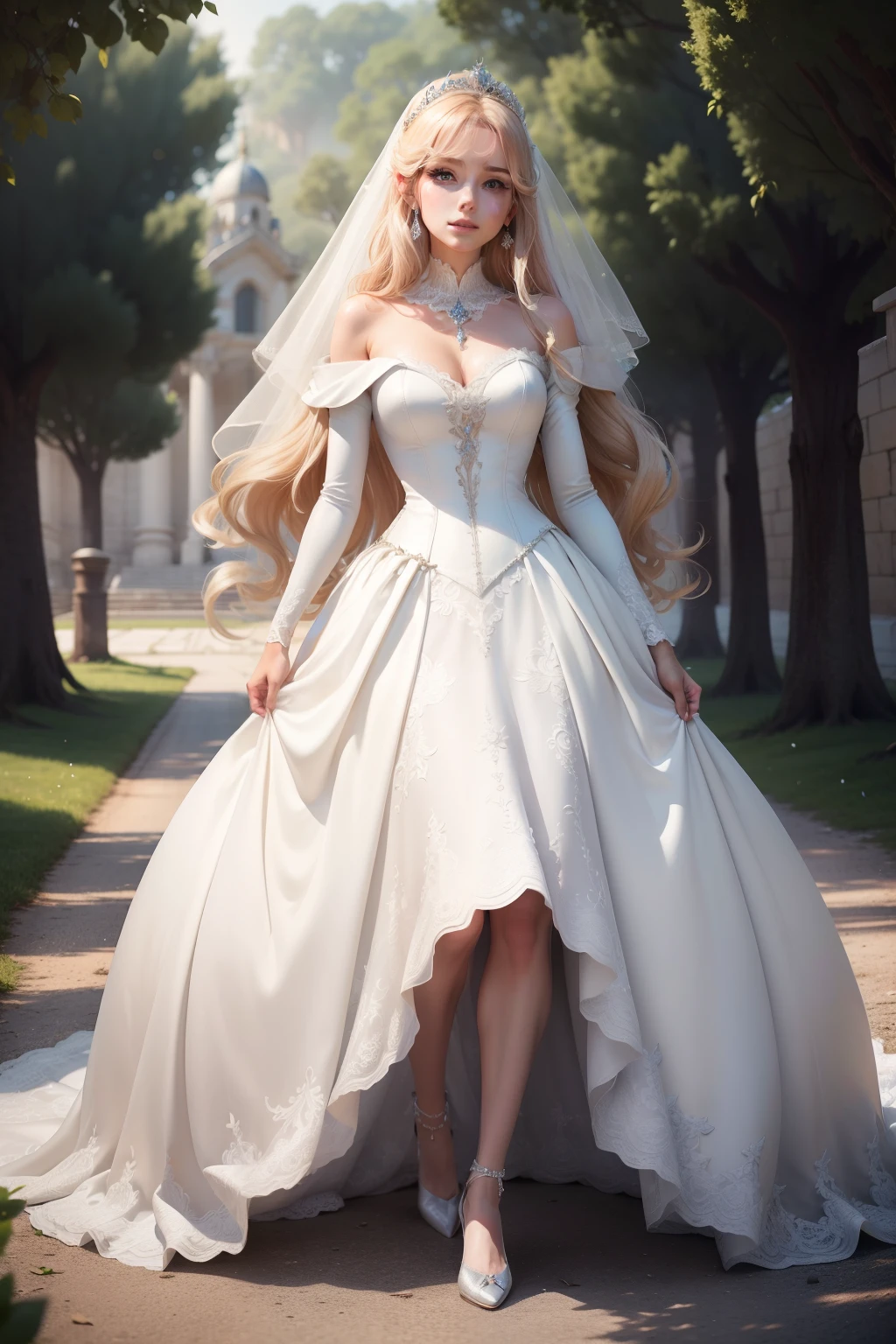 "A high-quality photo feeling，wedding gown，offcial dress，The most beautiful dress，The most beautiful wedding dress，Dinis is an escaped princess，Fairy herd，4k，Dream wedding，"