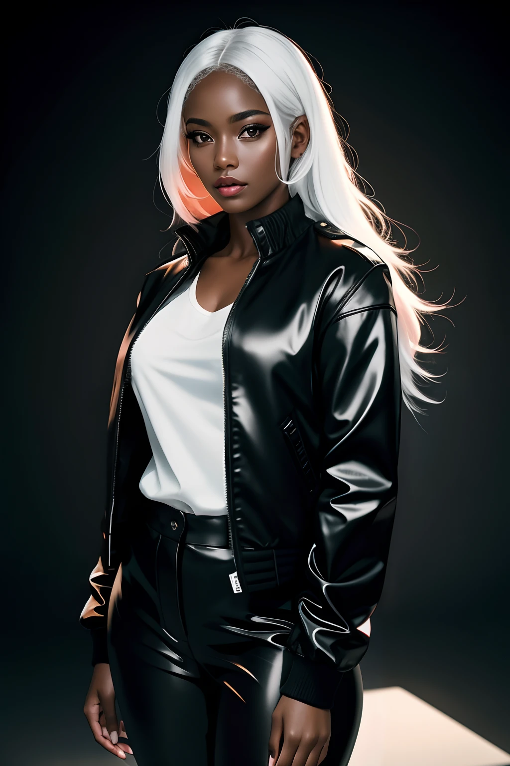 best quality, masterpiece, high resolution, ung black woman, dressed in black choir pants and jacket,red blouse,white hair, beautiful face, physique, Tyndall effect, realistic, dark studio, rim lighting, duotone lighting, (high detail skin: 1.2), 8k uhd, DSLR, soft light, high quality, volumetric light, stealth shot, photo, high resolution, 4k, 8k, bokeh, Expressions
