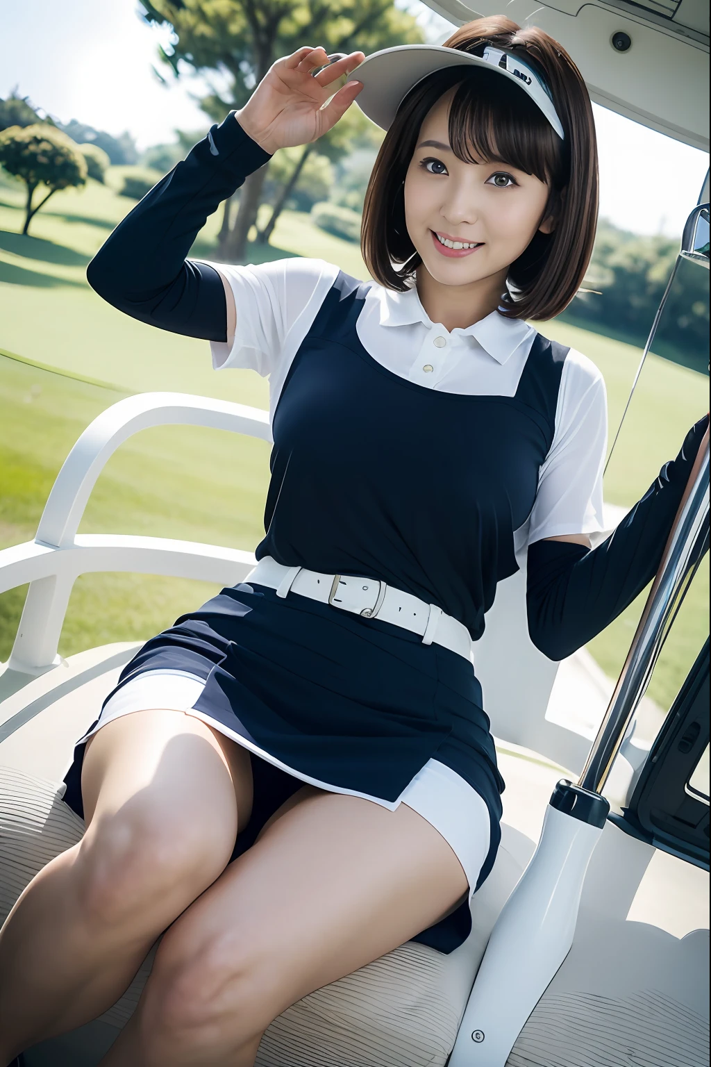 30 year old Japan woman posing sexy during round of golf、(bob cuts:1.3)、（1人の女性）、(large full breasts:1.5)、sexy  pose、Woman in sleeveless dress and super short miniskirt golf wear、Cute tight golf wear、Sun visor、(White Blue Tight Golf Wear)、Black eyes with makeup、big drooping eyes