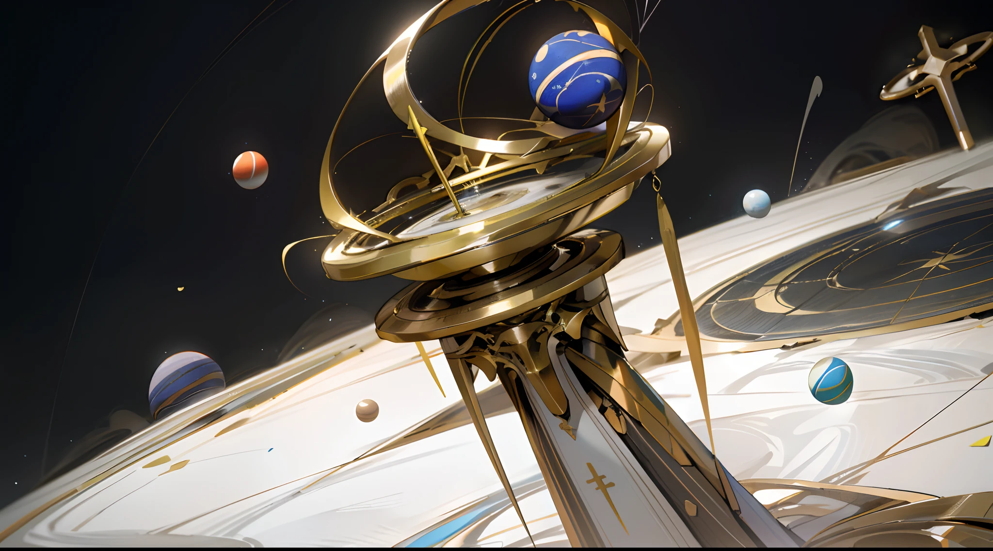 ((The grounds are large,Simple,geomerty)),There is one in the center of the venue(A large and tall sphere made up of many metal rings with a shiny and cross-shaped center),There were many people on the field looking up at the sphere,But for spheres, people are especially small。The background is made up of various planets,The venue material is white to yellow,The surface has lines。The picture has a sense of impact,Brighter,The style is biased towards theology
