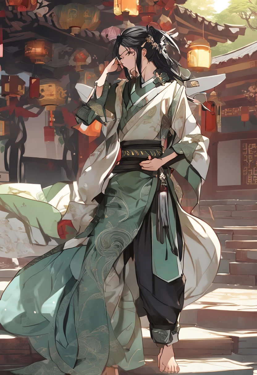 Libido boy，HighestQuali，extremely detaile，Youthful，Sword-eyed stars，Tribal Junior，，Young man，cool guy，Ancient wind，vivaciousness，child，Libido boy，Gorgeous light green robe，Black Chinese style high ponytail，Black eyes，Sunny and cheerful，Young man，Black hair，s delicate face，sharp sharp eyes，Clear eyebrows，Kind expression，Fluttering hair，Flowing sleeves，Ancient style，Wind dance pose, Long flowing black hair fluttering，Messy hair，Qi Yu Xuanang，looking at viewert，（tmasterpiece：1.4），（best qualtiy：1.4），(The composition is perfect)，high-definition depiction，8K，The polar composition of the film，Cinematic lighting，Cinematic texture，Strong sense of atmosphere