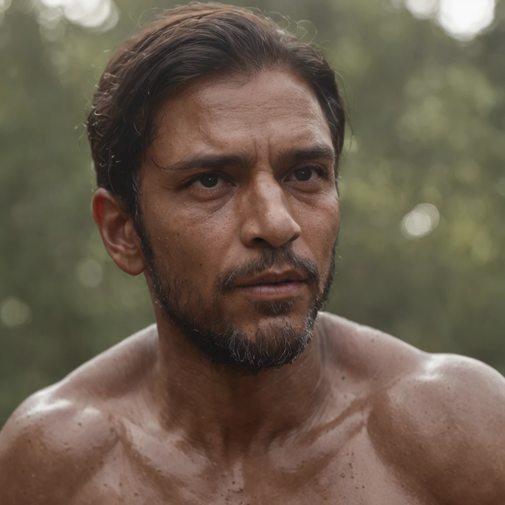 (Professional 3D rendering:1.3) de (Realistic:1.3) foto de arte mais bonita do mundo,((epic hero, rough fantasy, hero, olhar gentil, cabelos longos, Large beard and strong expression in dynamic pose, location in the wheat plantation, majestoso ambiente desordenado)), corpo inteiro 8k unidade render, action shot, poros da pele, very dark lighting, sombreamento pesado, circunstanciado, rosto detalhado, (Vibrando, fotografia realista, Realistic, Dramatic, Escuro, foco nítido, 8k), (Roupas de couro velhas danificadas pelo mau tempo:1.4), ((((Use peles)))), (intrincado:1.4), decadente, (altamente detalhado:1.4), Pintura digital, rendering by octane, art stations, conceito-arte, liso, foco nítido, illustration, germe da arte, (Loish:0.23), Wlop Ilya Kuvshinov, e greg rutkowski e alphonse mucha gracias, (global ilumination, studiolight, light volumetric), chuva forte, floating particles, patife, fantasia, Nosso, Corpo inteiroesbiano, ((Fundo escuro e antigo da cidade:1.3)),CGSesociedade,art stations