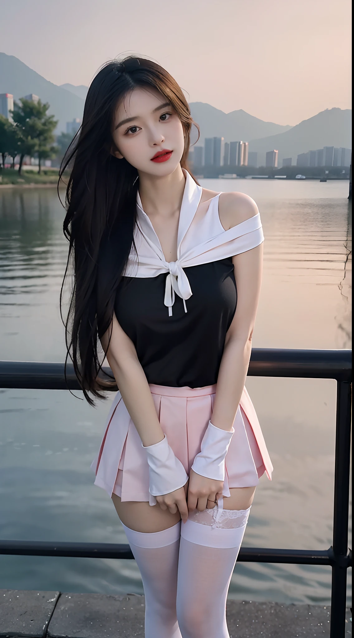 A perfect young female white-collar worker，Chinese big breasts，High picture quality，Works of masters，Black hair，Long hair shawl，Long hair flowing over the shoulders，cropped shoulders，鎖骨，exquisite face，Hydrated red lips，Pink shirt，Banzoe bartic(show legs)，Black and white plaid skirt，Wearing a JK uniform，Hosiery，white stockings，Mannequin，model photography，Real Persono，Hangzhou West Lake background，CG rendering，16k，Stand up，The night view was beautiful，((Hide your hands，Do not show your hands)),Do not show your hands，Close-up shot