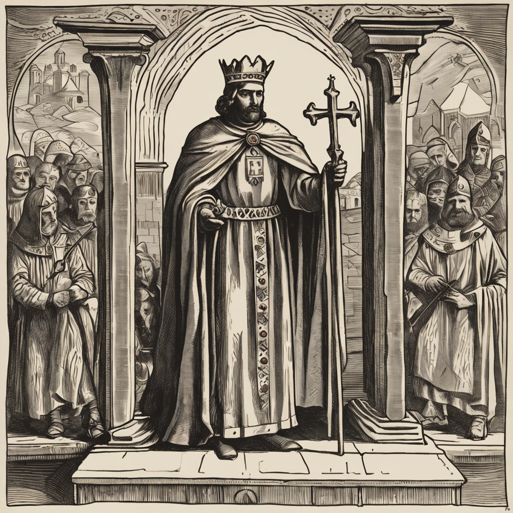 A imagem retrata St. Bernardo de Claraval, um santo antigo, in a speech to the Knights Templar in medieval times. St. Bernard is portrayed as an old man, Appearance wise and serene, wearing a religious habit typical of medieval times.
he's standing, in a prominent position, on a raised platform or makeshift pulpit, so that all may see and hear Him clearly. In his left hand, ele segura uma cruz grande, symbolizing their Christian devotion and faith. A cruz pode ser detalhadamente esculpida e adornada com ornamentos dourados ou prateados.
St. Bernard addresses his address to the Knights Templar, that are positioned in a nearby formation. They are depicted wearing full medieval armor, with its distinctive features, Like the Templar cross on its shields and robes. The Knights Templar are listening intently, showing respect and reverence to the saint.
The surrounding setting is set in a medieval room or chapel, with architectural details characteristic of the time, as Gothic columns, vitrais coloridos e elementos decorativos em pedra. The lighting is soft, vindo de janelas altas, casting a soft glow on St. Bernard and the Knights Templar.