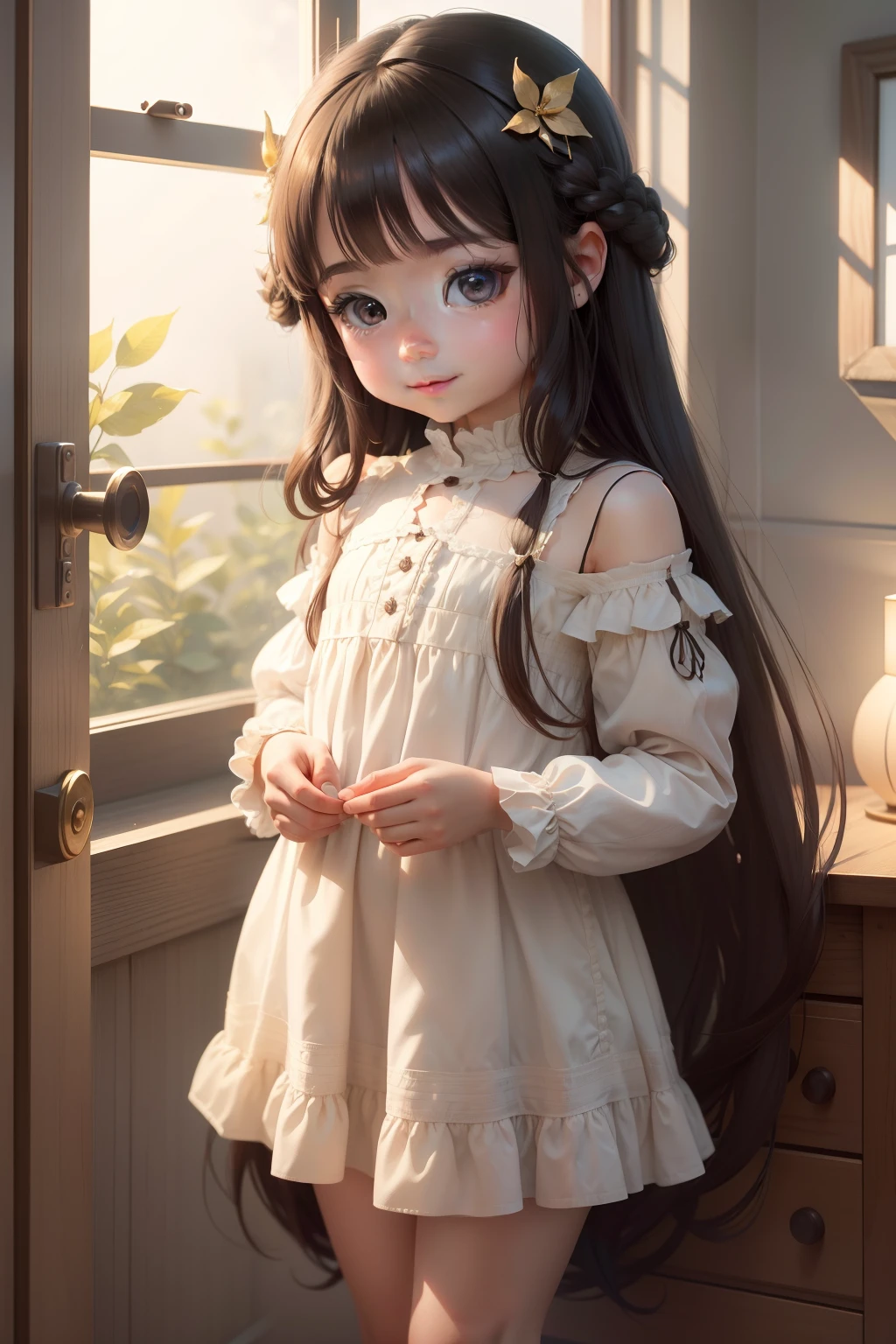 Cute little girl,Delicate and delicate,long hair flowing,ssmile,4K,largeeyes,Detail adjustments,adolable,A masterpiece,SuperiorQuality.