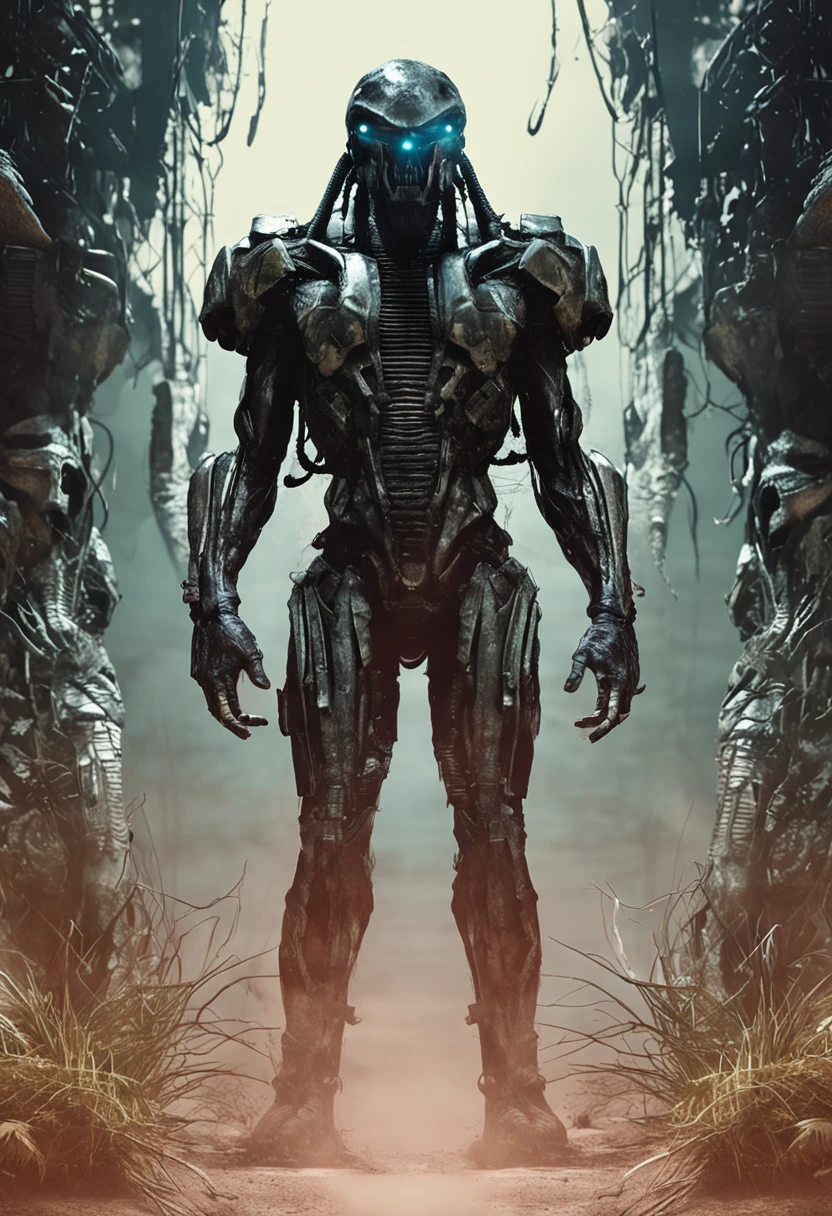 Create a realistic image that captures the epic confrontation between a fierce Predator from the iconic film series "Predador" e um grupo de Aliens mortais da franquia "Aliens". The scene takes place in a dark and enigmatic environment, probably inside an old abandoned structure or in the middle of a dense alien jungle. O Predador, wearing his characteristic technological armor and carrying his distinctive weapons, is in a combat position, demonstrating his ruthless attitude. Her textured skin and hunting trophies hanging from her clothing highlight her predatory nature.
Do outro lado, os Aliens emergem das sombras, its dark and biomechanical forms contrasting with the environment. Their mortal jaws are open, revealing his frightening inner features. Their sinuous and sharp tails are ready to attack, while its menacing claws glow in the dim light. The tension and energy are palpable in the air, as both sides prepare for an epic showdown that will decide who is the true predator of this world.
Dramatic lighting enhances the details of the creatures and the scenery, criando um clima intenso e cheio de suspense. Cores sombrias e tons de verde contribuem para a atmosfera sinistra e desconhecida do ambiente. The scene conveys the feeling that imminent danger is lurking, as the Predator and the Aliens face off in a battle that will define the fate of this dark and twisted world.