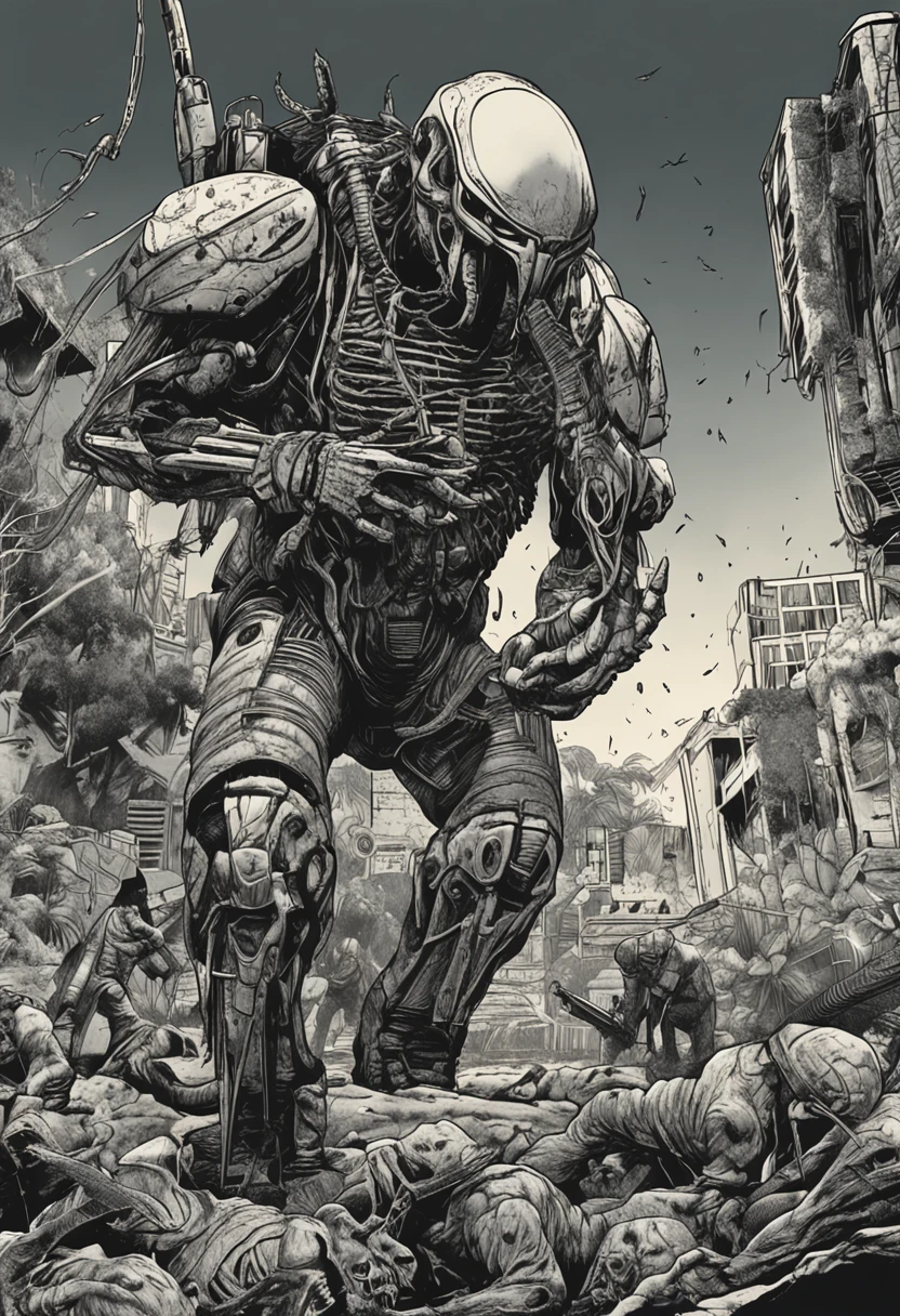 Create a realistic image that captures the epic confrontation between a fierce Predator from the iconic film series "Predador" e um grupo de Aliens mortais da franquia "Aliens". The scene takes place in a dark and enigmatic environment, probably inside an old abandoned structure or in the middle of a dense alien jungle. O Predador, wearing his characteristic technological armor and carrying his distinctive weapons, is in a combat position, demonstrating his ruthless attitude. Her textured skin and hunting trophies hanging from her clothing highlight her predatory nature.
Do outro lado, os Aliens emergem das sombras, its dark and biomechanical forms contrasting with the environment. Their mortal jaws are open, revealing his frightening inner features. Their sinuous and sharp tails are ready to attack, while its menacing claws glow in the dim light. The tension and energy are palpable in the air, as both sides prepare for an epic showdown that will decide who is the true predator of this world.
Dramatic lighting enhances the details of the creatures and the scenery, criando um clima intenso e cheio de suspense. Cores sombrias e tons de verde contribuem para a atmosfera sinistra e desconhecida do ambiente. The scene conveys the feeling that imminent danger is lurking, as the Predator and the Aliens face off in a battle that will define the fate of this dark and twisted world.