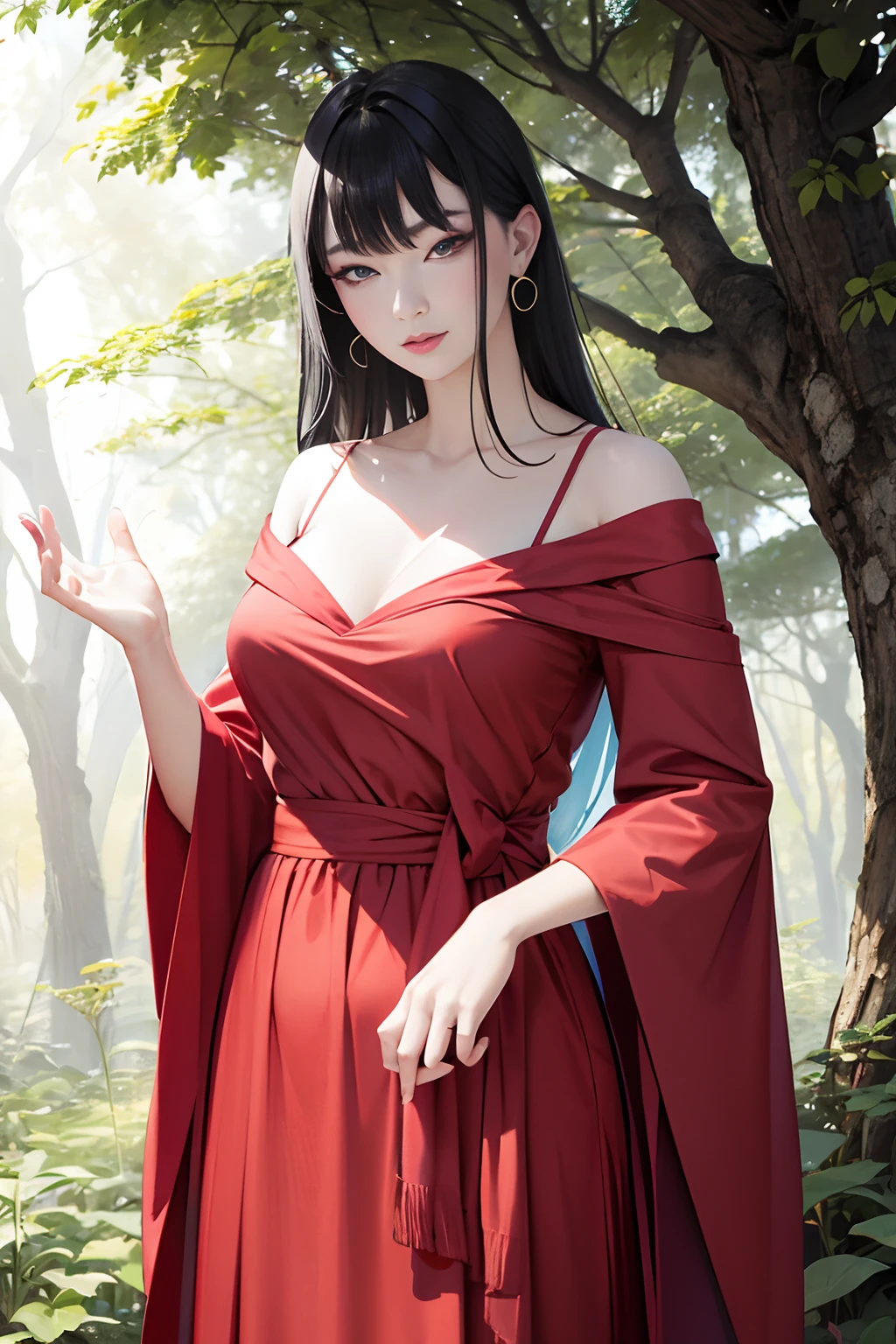 Tsuruta Ichiro, Olhos estreitos, 1girl em, Allback、sozinho, vaqueira, vestido vermelho, ((mamas do miolo)), (Cabelos Super Longos:1.2), Olhos de fenda finos、olhos cinzentos azuis, random colored hair, Luvas, vestir, jewelries, parte superior do corpo, Brincos, olho afiado、luva vermelha, Bosques de Cotovelo, Hand up, random color, random colored dress, de lado, maquiagem, olhos esguios、batom, Complex petal pattern, luz de aro, luz de fundo, cor pastel,
