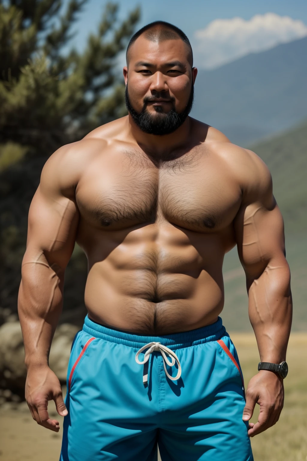 A Mongolian man poses for a group photo wearing sports shorts, mongol，bald-headed，Beard，Thick body hair，mid-shot of a hunky, Strong masculine characteristics, sexy muscular body, partially male hairy torso,masculine and strong，sexy muscular upper body,Fat belly,light tan skin, robust stocky body, beefy, belly button showing, half man half asian black bear, potbelly, dad bod, half man half asian black bull,