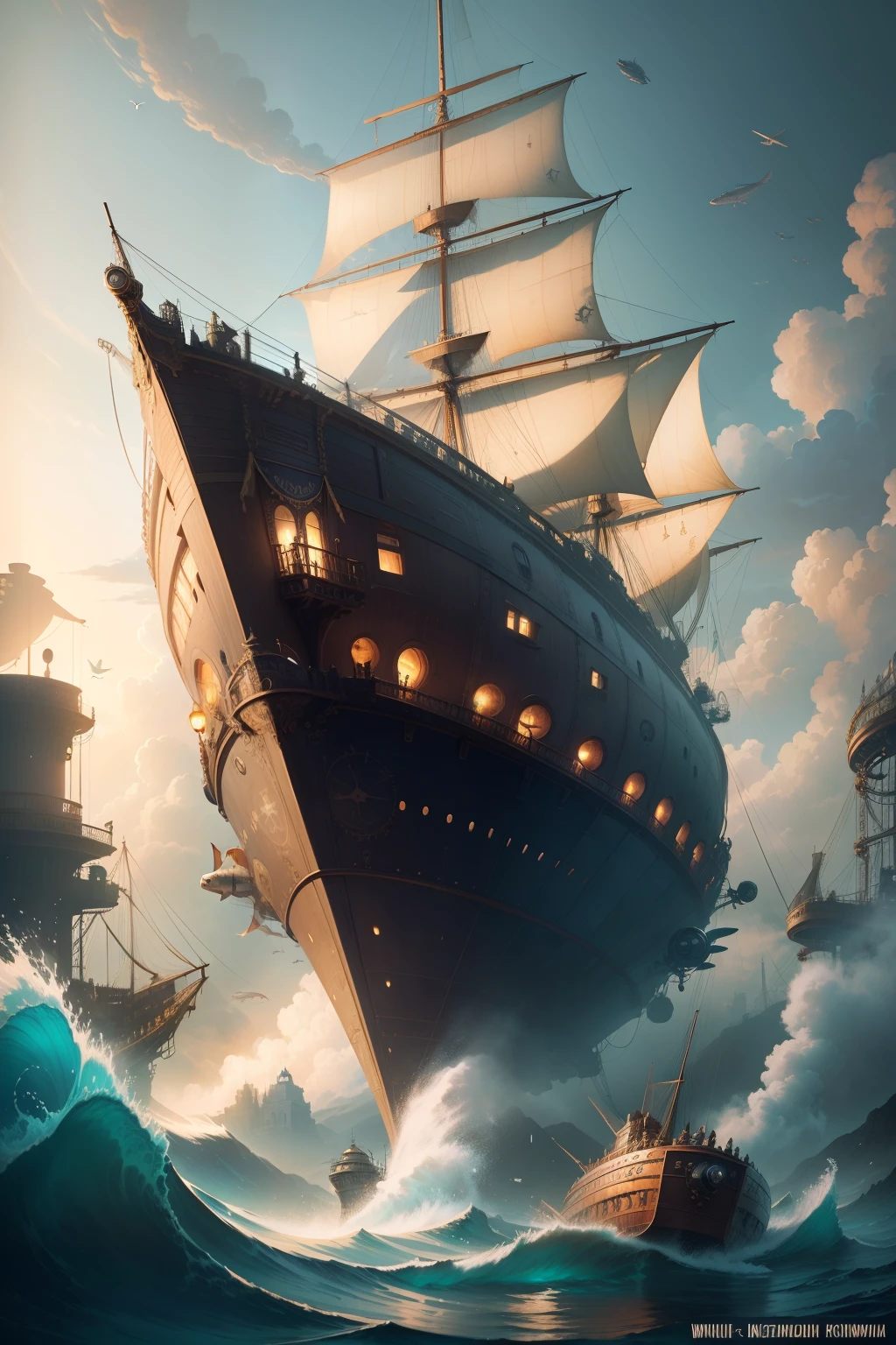 Large fish swim in the water, Steampunk Zeppelin, Steampunk submarine!, Steampunk airship, Steampunk airship, steampunk concept art, detailed steampunk illustration, High-quality steampunk art, Steampunk airship!!!!!!!, steampunk art, by Ludwik Konarzewski Jr, digital steampunk art, steampunk digital art, steampunk illustration