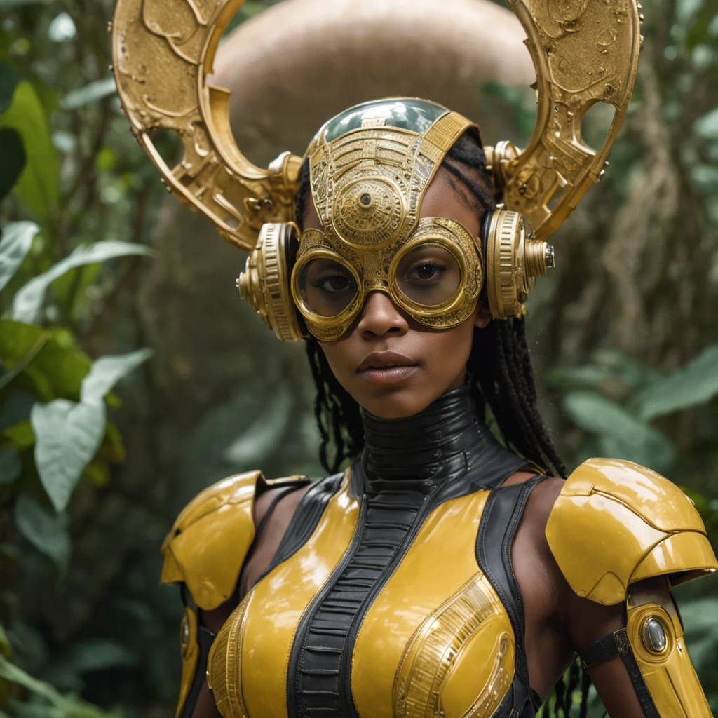 (professional 3d render:1.3) af (Realistic:1.3) most beautiful artwork photo in the world,african woman wearing a mask and yellow ridged and contoured organic costume with glass dome visor, organic surrounding flowers and plants, movie still of the alien girl in glamor pose holding exquisite engraved weapon, alien woman, as a futuristic heroine, vespertine, futuristic clothing and glass, movie still, fashionable futuristic woman, iris van herpen rankin, female alien, alien girl, of a futuristic woman selk'nam. avante garde design stylings inspired by curves(Intricate:1.4), decadent, (Highly detailed:1.4), Digital painting, rendering by octane, art stations, concept-art, smooth, Sharp focus, illustration, Art germ, (loish:0.23), wlop ilya kuvshinov, and greg rutkowski and alphonse mucha gracias, (Global illumination, Studio light, volumettic light), heavy rain, particles floating, lotr, fantasy, elf, full body, ((Dark and ancient city background:1.3)),CGSesociety,art stations