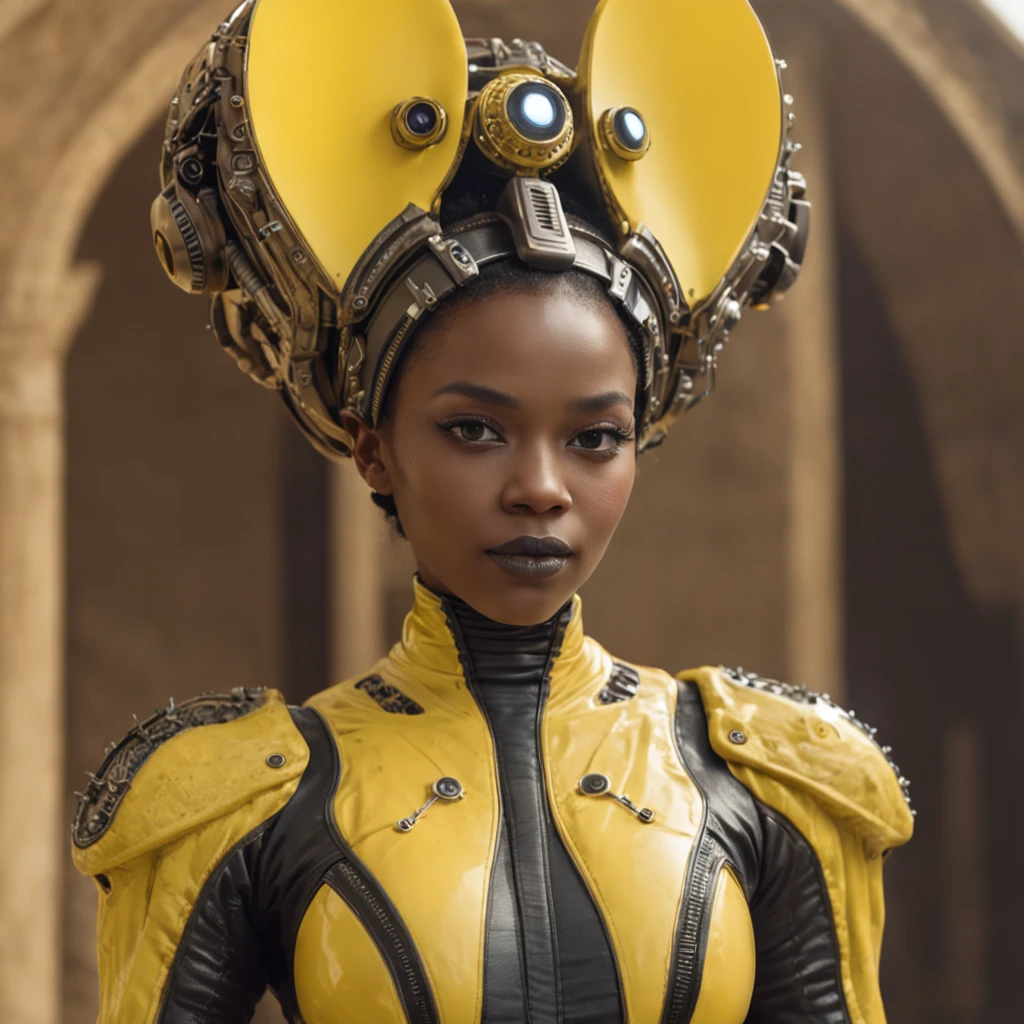 (professional 3d render:1.3) af (Realistic:1.3) most beautiful artwork photo in the world, african woman wearing an ornate rococo mask and yellow and black ridged and contoured organic costume with glass dome visor, organic surrounding yellow flowers and plants, dynamic posed movie still of the alien girl in glamor pose holding exquisite engraved space gun, alien woman, as a futuristic heroine, vespertine, futuristic clothing and glass, movie still, fashionable futuristic woman, H.R.Giger, Simon Stalenhag, female alien, alien girl, of a futuristic woman selk'nam. avante garde design stylings inspired by yellow and black squares and curves(Intricate:1.4), decadent, (Highly detailed:1.4), Digital painting, rendering by octane, art stations, concept-art, smooth, Sharp focus, illustration, Art germ, (loish:0.23), wlop ilya kuvshinov, and greg rutkowski and alphonse mucha gracias, (Global illumination, Studio light, volumettic light), heavy rain, particles floating, lotr, fantasy, elf, full body, ((Dark and ancient city background:1.3)),CGSesociety,art stations