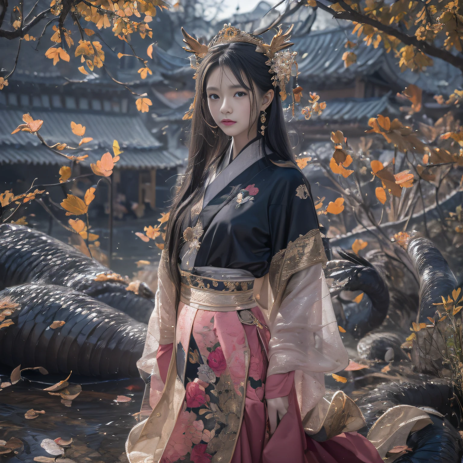 32K(tmasterpiece,k hd,hyper HD,32K)Long flowing black hair,ponds,zydink, a color, Xuzhou people (Silly girl), (Silk scarf), Combat posture, looking at the ground, long whitr hair, Floating hair, Carp pattern headdress, Chinese long-sleeved clothing, (abstract ink splash:1.2), Pink petal background,Pink and white lotus flowers fly(realisticlying:1.4),Black color hair,Fallen leaves flutter,The background is pure, A high resolution, the detail, RAW photogr, Sharp Re, Nikon D850 Film Stock Photo by Jefferies Lee 4 Kodak Portra 400 Camera F1.6 shots, Rich colors, ultra-realistic vivid textures, Dramatic lighting, Unreal Engine Art Station Trend, cinestir 800,Long flowing black hair,Denim skirt