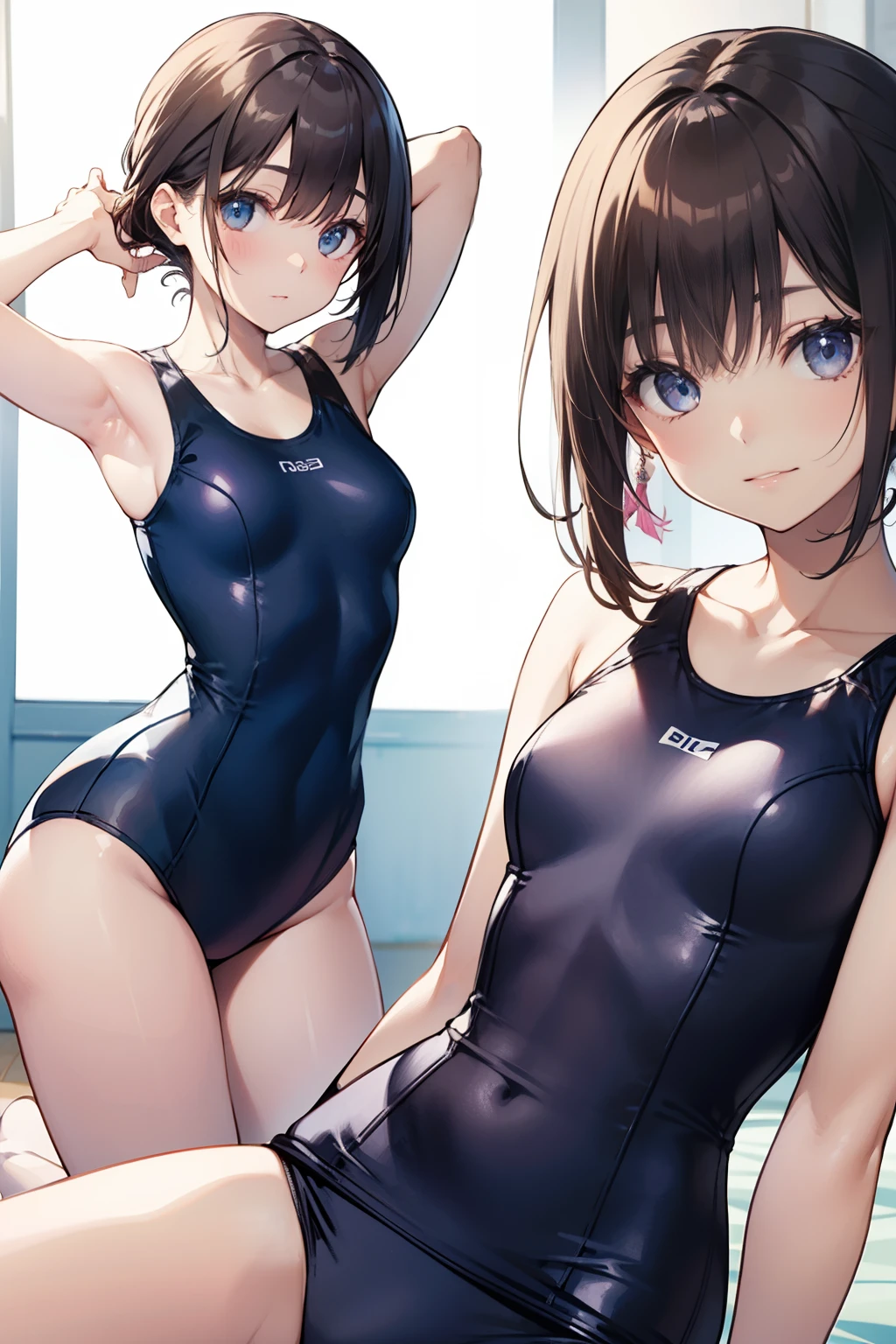 top-quality、Full limbs、complete fingers、Slender beauty、straight haired、poneyTail、knee high、Blue school swimsuit、Small eyes、skirt by the、frilld