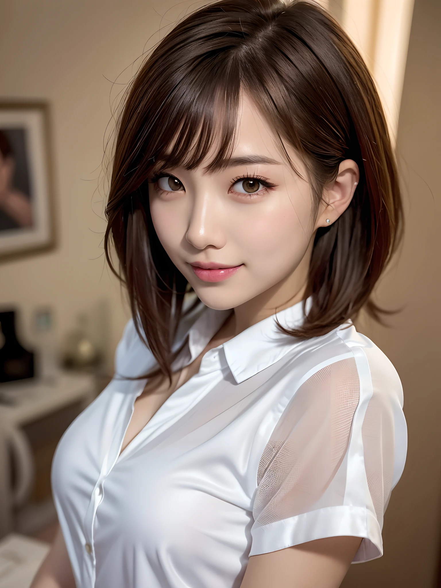 product quality, a upper body shot, front view, 1girl, a Japanese young pretty woman, long bob hair, hyper pretty face, glamorous, wearing a short sleeves and long length satin silk white shirt with collared, with a big smile in her room, glossy lips, double eyelids for both eyes, natural makeup, long eyelashes, shiny smooth light brown hair of bob hair, asymmetrical bangs, tanned skin, central image, high resolution, high detail, detailed hairstyle, detailed face, spectacular movie lighting, octane rendering, hyper realistic, perfect limbs, perfect anatomy
