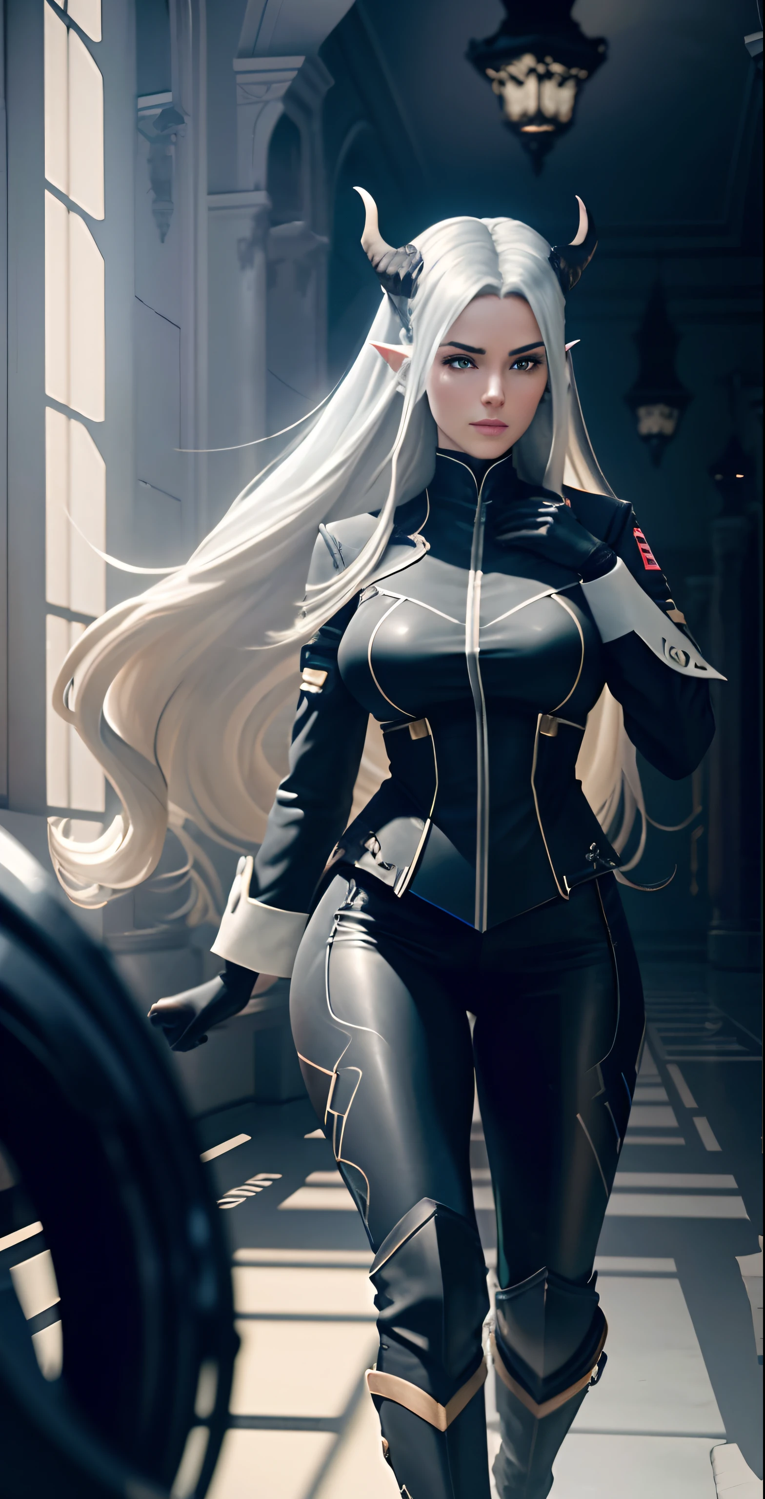 full body portrait of beautiful 1girl, solo, elf ((milf)), (very long) silver hair, tied in a knot, dark blue uniform, black knee-high riding leather boots, leggings, Anime style photo, Manga style, Digital art, glow effects, Hand drawn, render, 8k, octane render, cinema 4d, blender, dark, atmospheric 4k ultra detailed, cinematic sensual, Sharp focus, hyperrealistic, big depth of field, Masterpiece, colors, 3d octane render, 4k, concept art, trending on artstation, hyperrealistic, Vivid colors, ((((looking right)))), huge breasts, palace corridor, black gloves, double-breasted, (looking at viewer), (seductive:0.8),(smile:0.3)(evil:0.5), (from below:0.7), horns, uniform, confident, (viewer on leash:0.5),