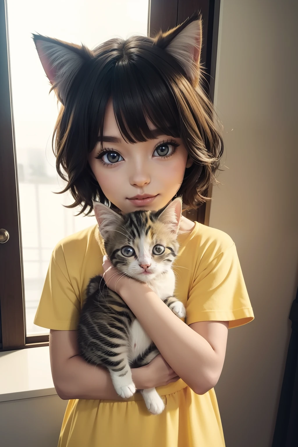 It depicts a girl in amazement at her kitten's reflection in the mirror。