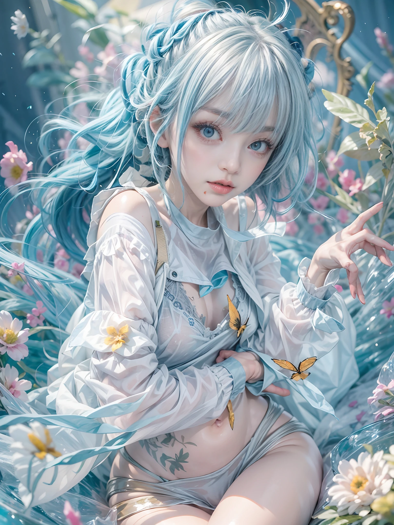 1 small curved ,blue hair,Lie at the bottom of the sea,full bodyesbian,Surrounded by monsters,Beauty wears transparent gel coat,Small chest,Reveals a slender waist,The lines are perfect,Raised sexy,Blushlush,Alice \(Nikke\),Spread your legs,Hands touch the inner thighs,The shoulders and navel are clearly visible,View from above,