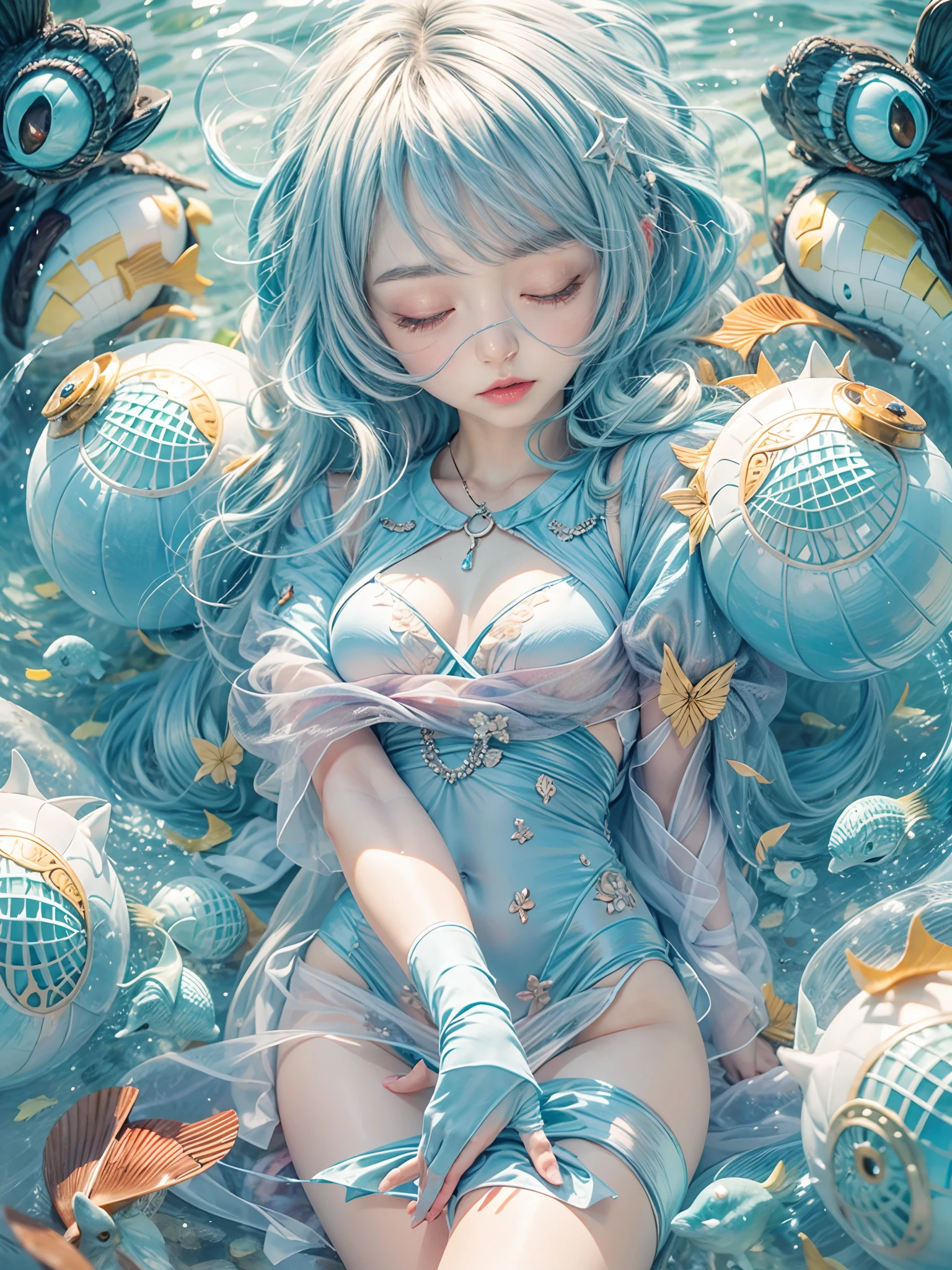 1 small curved ,blue hair,Lie at the bottom of the sea,full bodyesbian,Surrounded by monsters,Beauty wears transparent gel coat,Small chest,Reveals a slender waist,The lines are perfect,Raised sexy,Blushlush,Alice \(Nikke\),Spread your legs,Hands touch the inner thighs,The shoulders and navel are clearly visible,View from above,