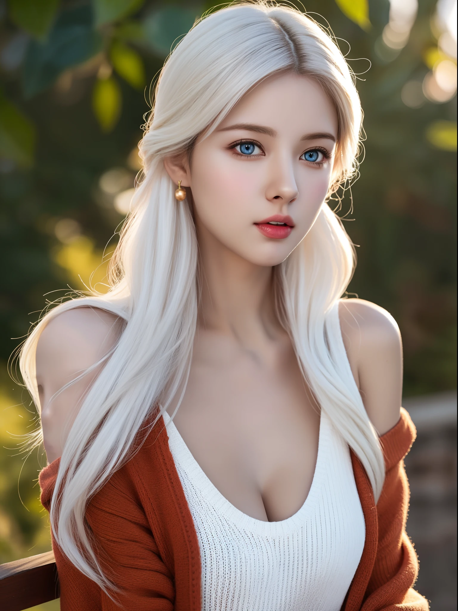 (hyperrealistic), (illustration), (high resolution), (8K), (extremely detailed), (best illustration), (beautiful detailed eyes), (best quality), (ultra-detailed), (masterpiece), (wallpaper), (photorealistic), (natural light), (rim lighting), (detailed face), high detailed realistic skin texture, anatomically correct, solo, 1 girl, (high detailed realistic long hair), (white hair:1.35), (two braided hair), heterochromic eyes, (detailed blue eyes), small moles under the eyes, (realistic big breasts:1.6), long legs, tight abs, dynamic pose, (closed mouth:1.3), (red knit sweaters), bare shoulders, (upon body from head to thighs:1.3), (Beautiful Cute Pakistani Woman:1.55), standing, outdoor, snowing, winter,