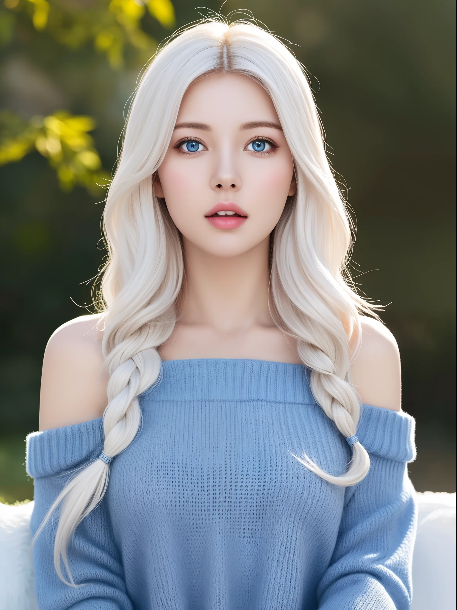 (hyperrealistic), (illustration), (high resolution), (8K), (extremely detailed), (best illustration), (beautiful detailed eyes), (best quality), (ultra-detailed), (masterpiece), (wallpaper), (photorealistic), (natural light), (rim lighting), (detailed face), high detailed realistic skin texture, anatomically correct, solo, 1 girl, (high detailed realistic long hair), (white hair:1.35), (two braided hair), heterochromic eyes, (detailed blue eyes), small moles under the eyes, (realistic big breasts:1.6), long legs, tight abs, dynamic pose, (closed mouth:1.3), (red knit sweaters), bare shoulders, (upon body from head to thighs:1.3), (Beautiful Cute Pakistani Woman:1.55), standing, outdoor, snowing, winter,