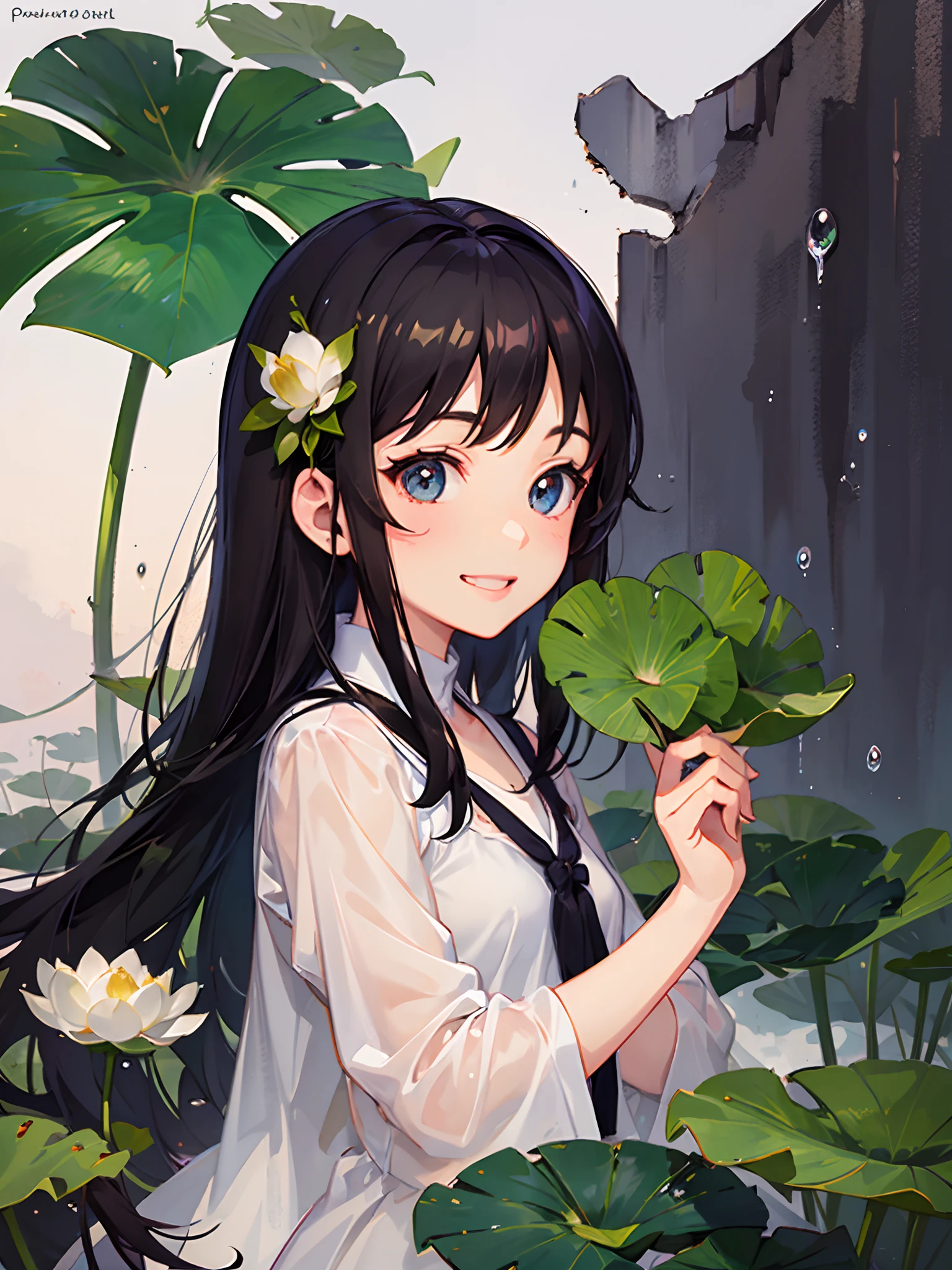 Light watercolor, drizzle, The girl holds a lotus leaf in her hand, Big eyes., Grinning, It creates a pleasant and relaxing atmosphere, The background is many large lotus leaves, Children's illustration, Cartoon style, A bright white background, A small amount of detail, dream, Studio Ghibli, best quality --auto --s2