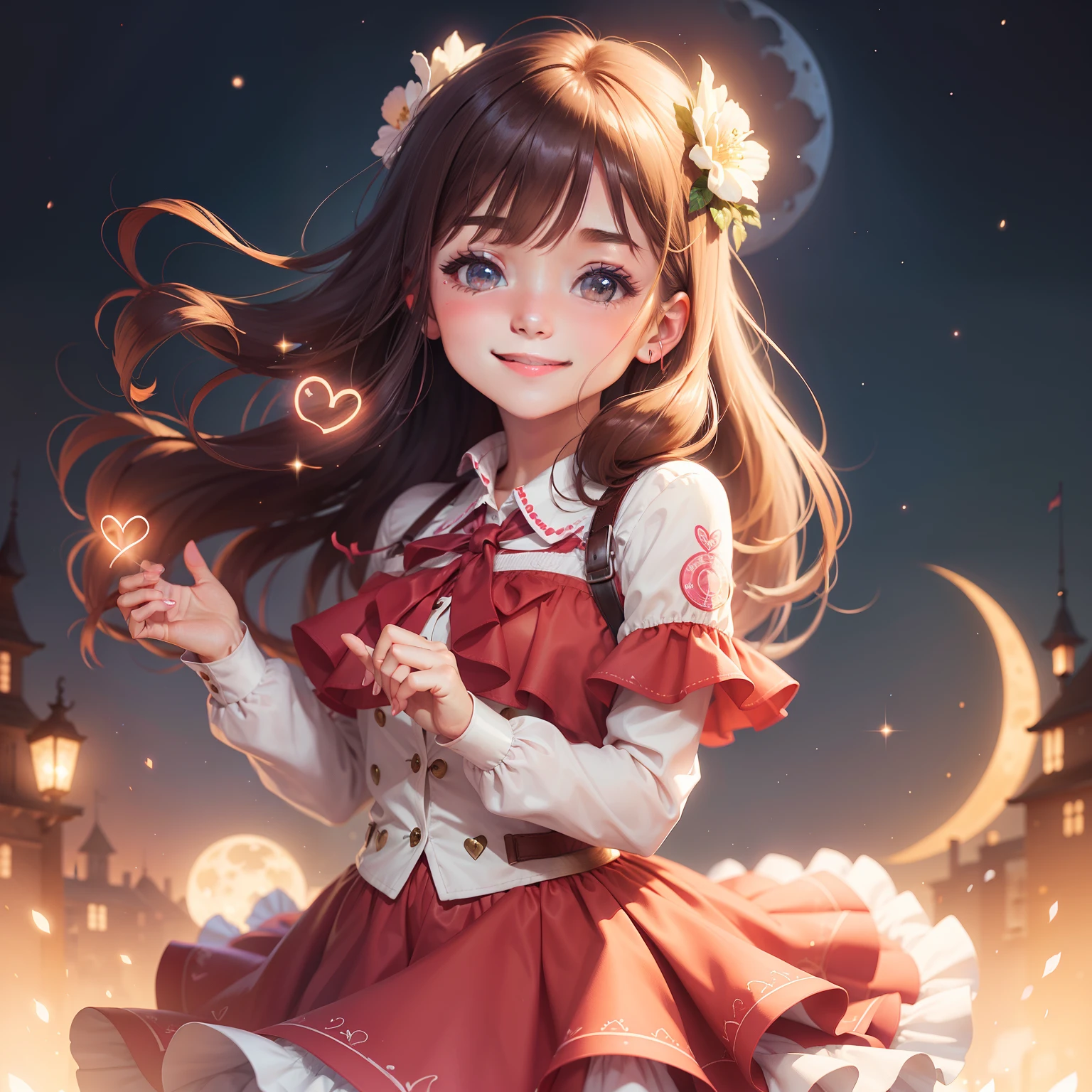 Smile girl with hearts, sparkling night with circle moon