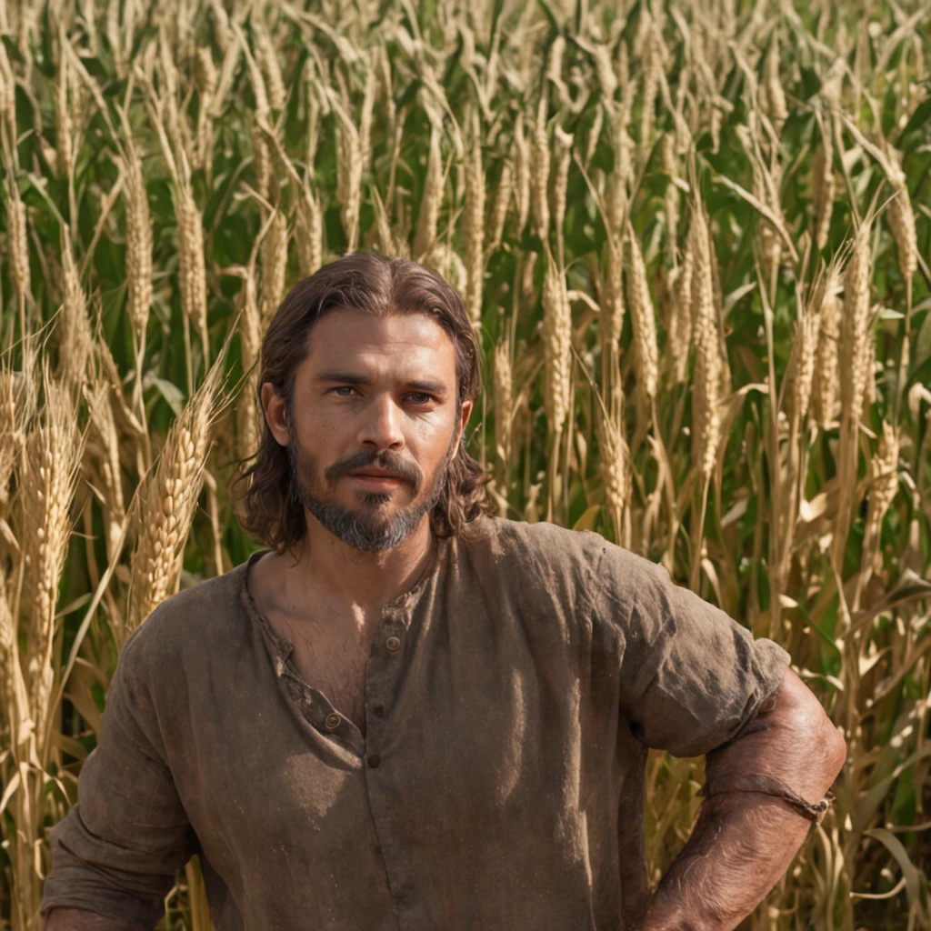 (Professional 3D rendering:1.3) de (Realistic:1.3) foto de arte mais bonita do mundo，((epic hero, rough fantasy, hero, olhar gentil, leve sorriso, Cabelos Longos, Large beard and strong expression in dynamic pose, location in the wheat plantation, majestoso ambiente desordenado)), corpo inteiro 8k unidade render, action shot, poros da pele, very dark lighting, sombreamento pesado, circunstanciado, rosto detalhado, (Vibrando, fotografia realista, Realistic, Dramatic, Escuro, foco nítido, 8k), (roupas de rei, usando coroa dourada; tunic and shirt of white linen:1.4), ((((Use peles)))), (intrincado:1.4), decadente, (altamente detalhado:1.4), Pintura digital, rendering by octane, art stations, conceito-arte, liso, foco nítido, illustration, germe da arte, (Loish:0.23), Wlop Ilya Kuvshinov, e greg rutkowski e alphonse mucha gracias, (global ilumination, studiolight, light volumetric), floating particles, patife, fantasia, Nosso, corpo inteiro, ((Fundo escuro e antigo da cidade:1.3)),CGSesociedade,art stations