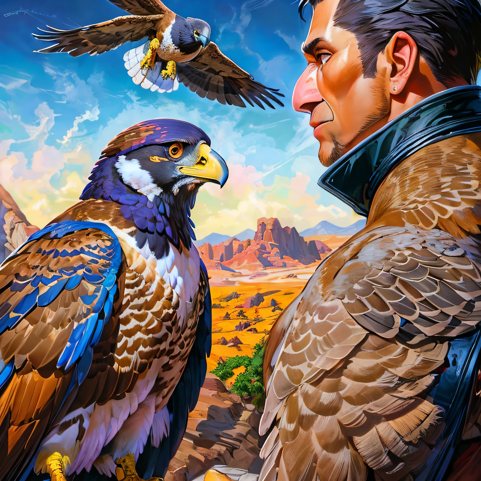 painting of a man with a falcon and a hawk on his shoulder, inspired by Brothers Hildebrandt, inspired by the Brothers Hildebrandt, by Joe Jusko, inspired by Joe Jusko, by David B. Mattingly, by Randy Gallegos, by F Scott Hess, hildebrandt, inspired by Mort Artists, by F. Scott Hess