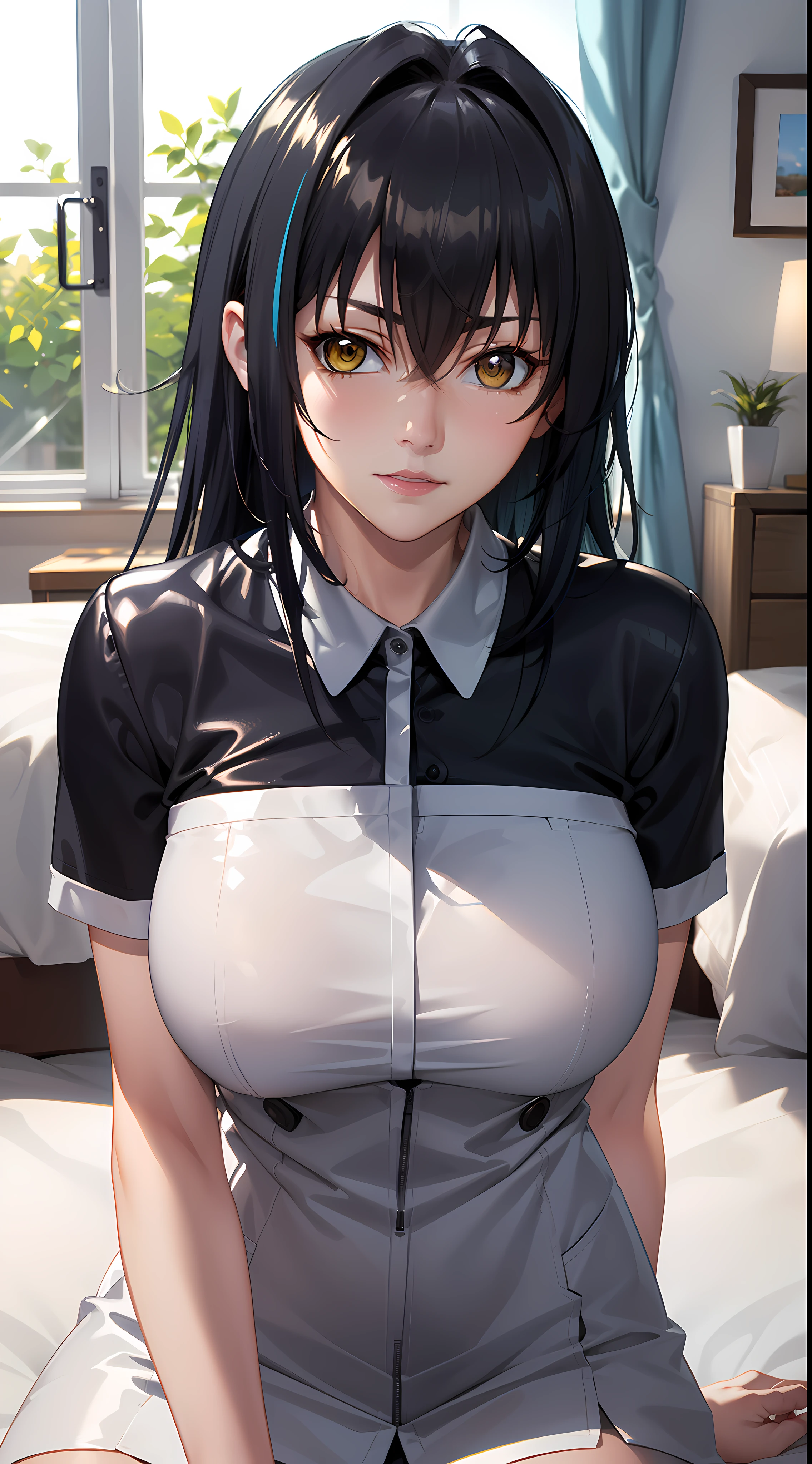 professional artwork, Intricate Details, field of view, sharp focus, detailed painting, photorealistic lighting, trending on pixiv,(masterpiece:1.0),(best_quality:1.0), ultra high res, ultra-detailed, photography, 8K, HDR, highres, absurdres:1.2, Kodak portra 400, film grain, sharp focus, bokeh:1.2, lens flare, (vibrant_color:1.2), (((indoors, bedroom, bedroom details, sitting on bed))),
Annerose, 1girl, female mature, black hair, long hair, yellow eyes, large breasts, nurse, nurse clothes, proper clothes, hair intakes, 35yo,mature female,Beautiful Finger,Beautiful long legs,Beautiful body,Beautiful Nose,Beautiful character design, perfect eyes, perfect face, looking at viewer, official art,extremely detailed CG unity 8k wallpaper, (Beautiful,large_Breasts:1.4), (beautiful_face:1.5),(narrow_waist), (solo:1.4), (upper body, half body shot),