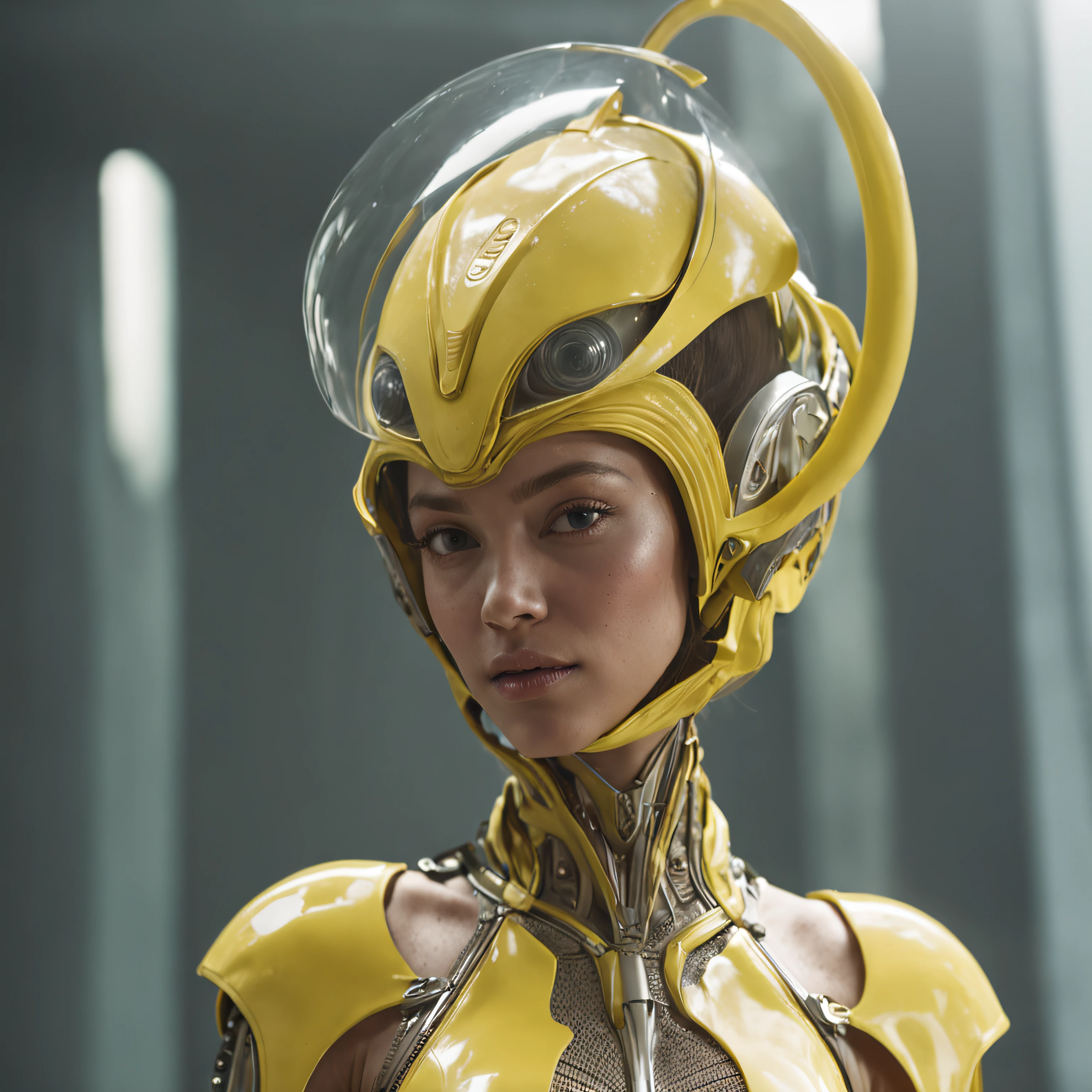 (professional 3d render:1.3) af (Realistic:1.3) most beautiful artwork photo in the world，african woman wearing a mask and yellow ridged and contoured organic costume with glass dome visor, organic surrounding flowers and plants, movie still of the alien girl in glamor pose holding exquisite engraved weapon, alien woman, as a futuristic heroine, vespertine, futuristic clothing and glass, movie still, fashionable futuristic woman, iris van herpen rankin, female alien, alien girl, of a futuristic woman selk'nam. avante garde design stylings inspired by curves(Intricate:1.4), decadent, (Highly detailed:1.4), Digital painting, rendering by octane, art stations, concept-art, smooth, Sharp focus, illustration, Art germ, (loish:0.23), wlop ilya kuvshinov, and greg rutkowski and alphonse mucha gracias, (Global illumination, Studio light, volumettic light), heavy rain, particles floating, lotr, fantasy, elf, full body, ((Dark and ancient city background:1.3)),CGSesociety,art stations