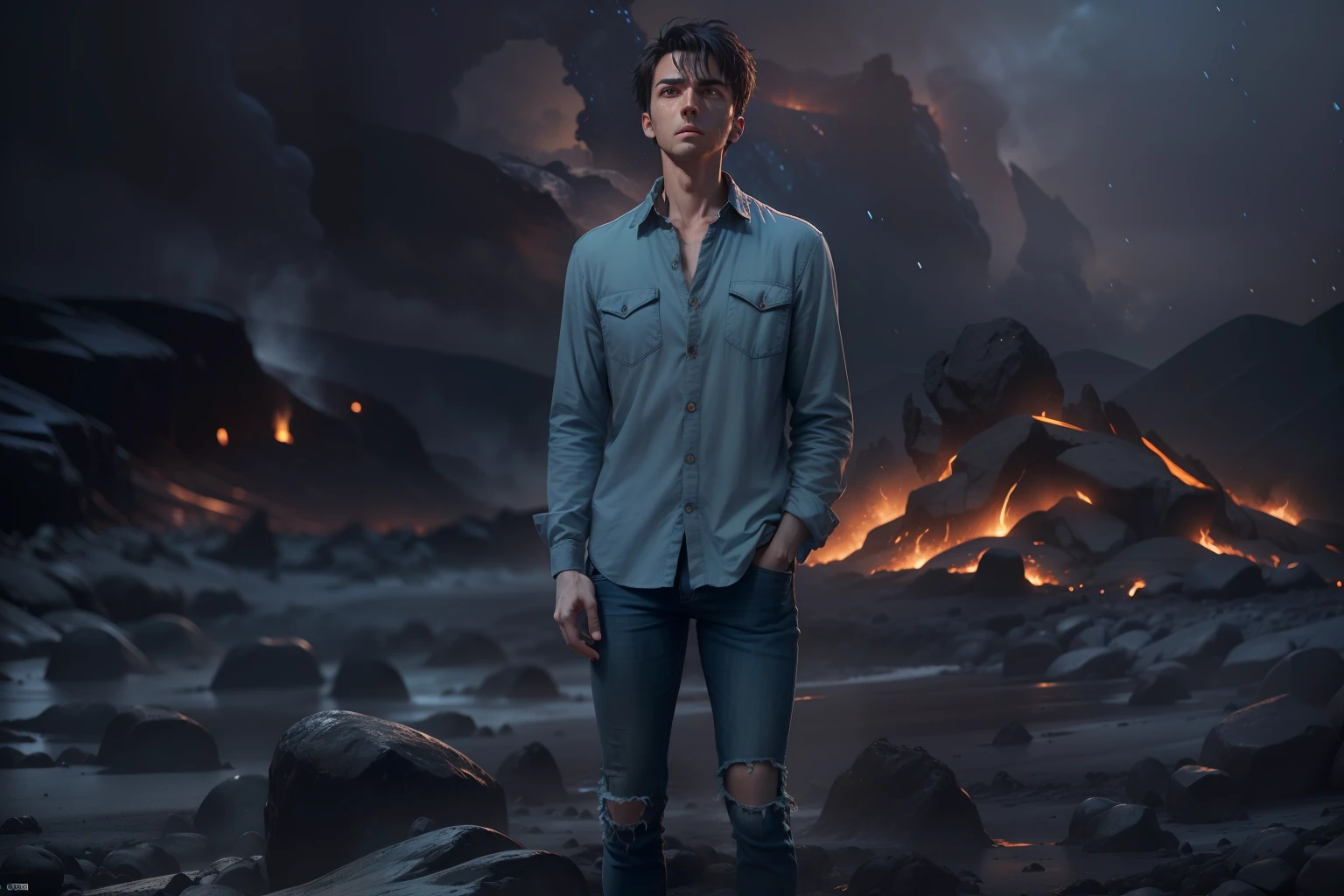 Ultra-realistic 8k image of a thin 25-year-old man, short black hair, dressed in a dirty blue button-up shirt and dirty jeans, expression of suffering, injuries, scenery of a dark plain with lava, darkness , suffering souls