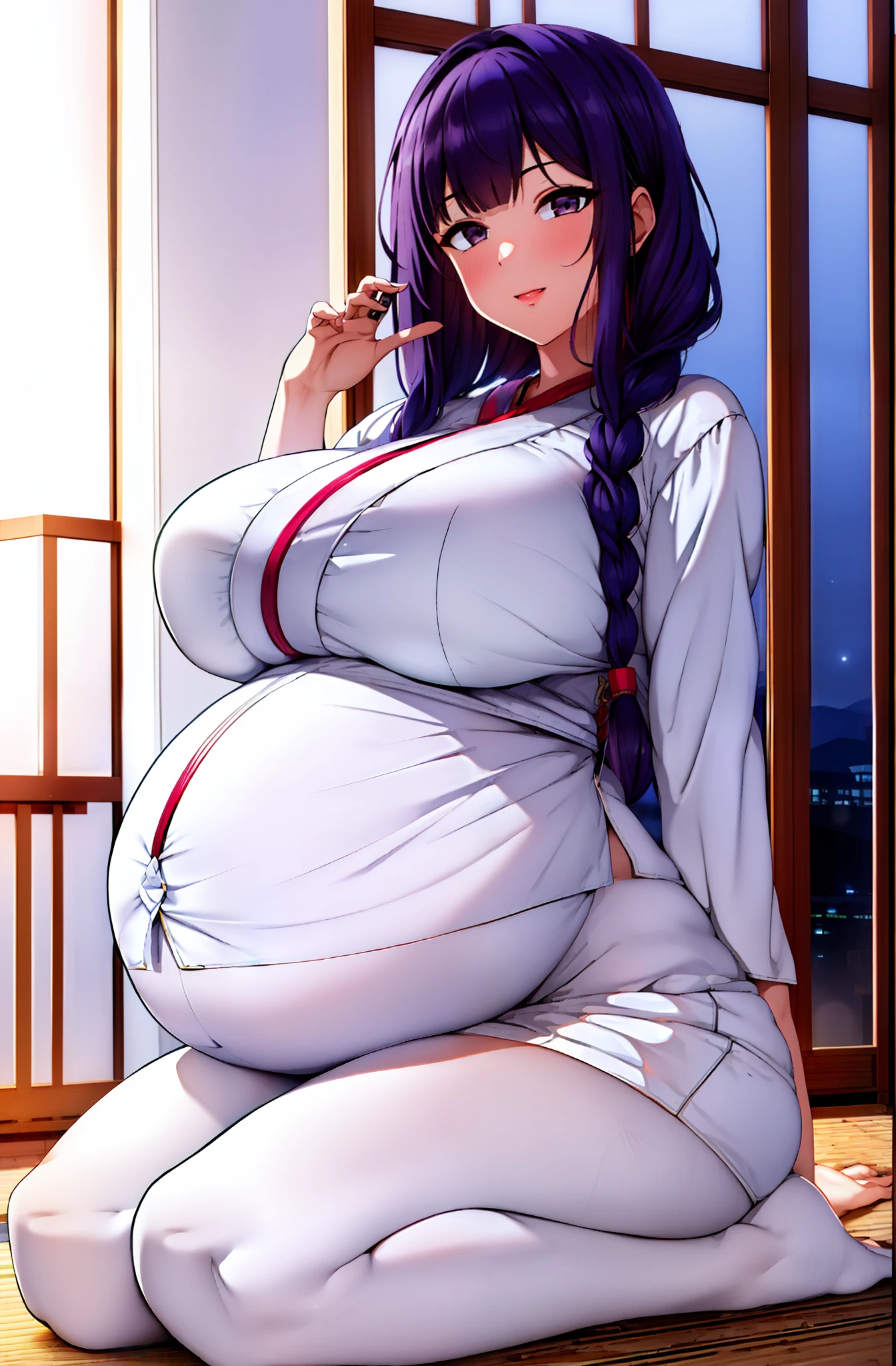 (Night:1.7), east asian architecture, Sitting, Kneel on the tatami, White kimono, brunetize, Long hair, exhilarated, Blush, Flush, Kneel and plead, Look up at the viewer, Pouting ???, lifting clothes, seduction, lip flap, Purple eyes, Braids, 1 female, Manga, 20 years old, Mature woman, Beautiful fingers, Beautiful long legs, Beautiful body, Beautiful nose, Beautiful character design, Perfect eyes, Perfect face, Looking at the audience, (Innocent_Big_Eyes:1.0), (Light_ Smile:1.0), offcial art, Very detailed CG unity 8K wallpaper, Perfect lighting, Colorful, Bright_Front_face_lighting, (Masterpiece: 1.0), (Best_quality:1.0), 超A high resolution, 4K, Super detailed, Photography, 8K, hdr, A high resolution, absurderes:1.2, Kodak Portra 400, filmgrain, Background blur, Bokeh:1.2, lens flare glow, ( vibrant_Color:1.2) (Beautiful,Large_???????:1.4), (Beautiful_face:1.5),(Narrow_waistup), Lump pregnant belly, Big Pregnant girl, Largest Belly of Pregnant, Huge ?????????, Huge 9 months Pregnant Belly